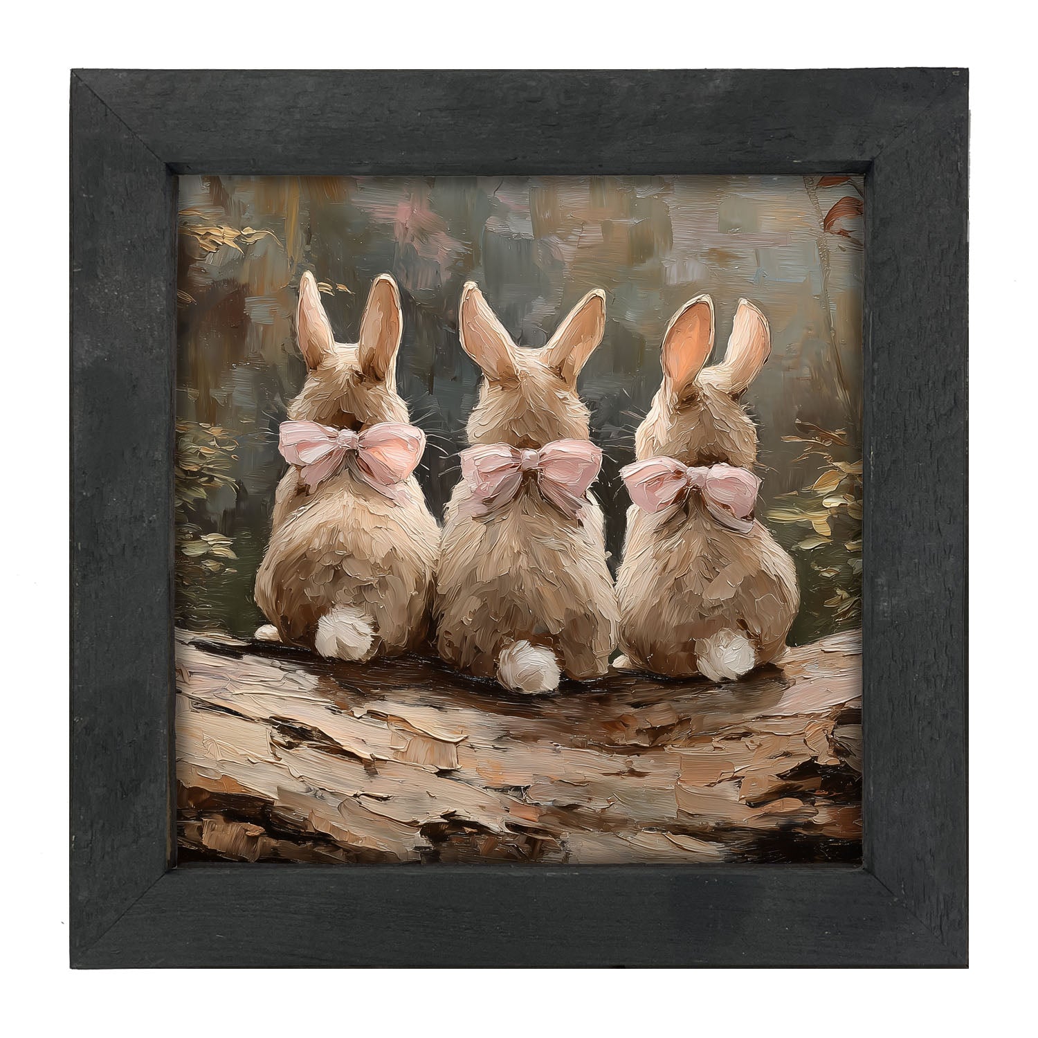 Bunnies with Pink Bows in Forest - Framed Art
