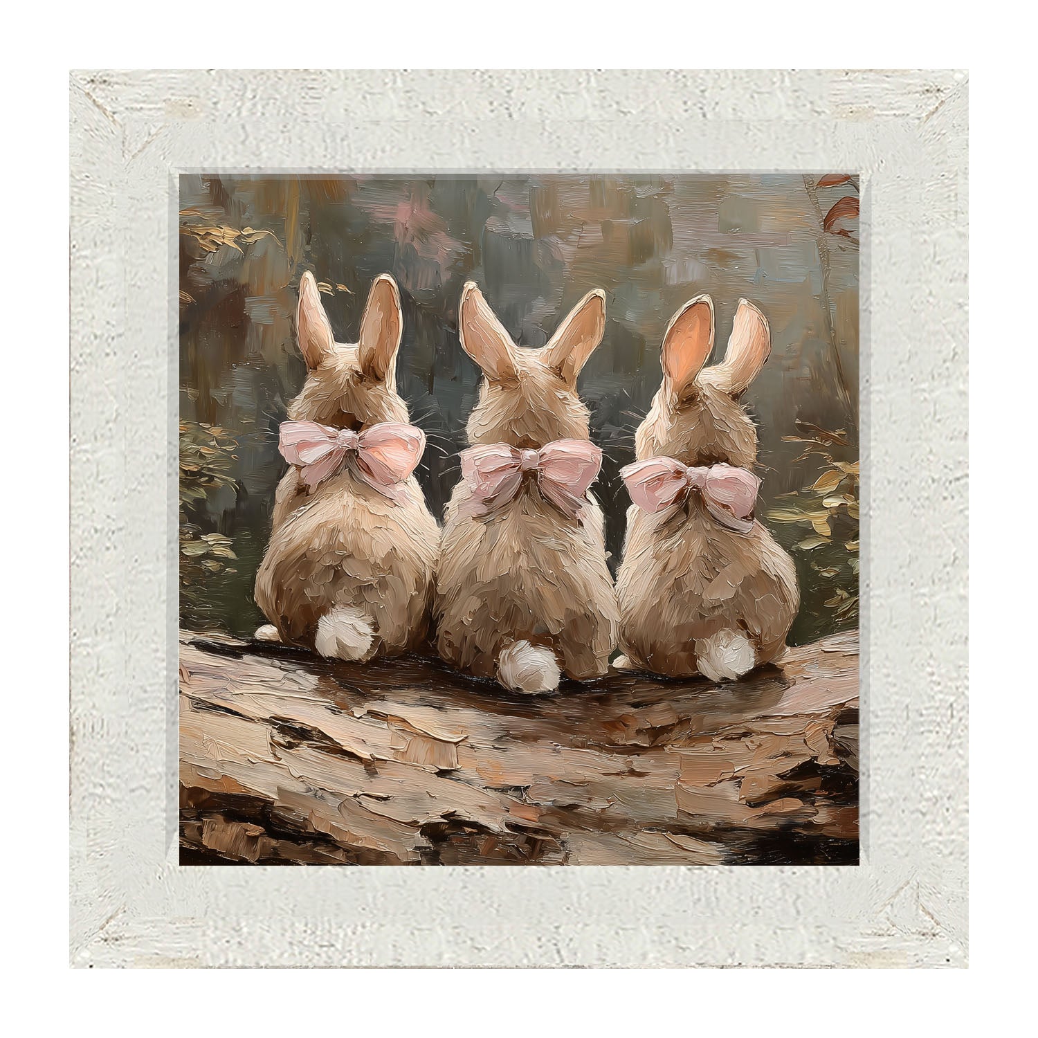 Bunnies with Pink Bows in Forest - Framed Art