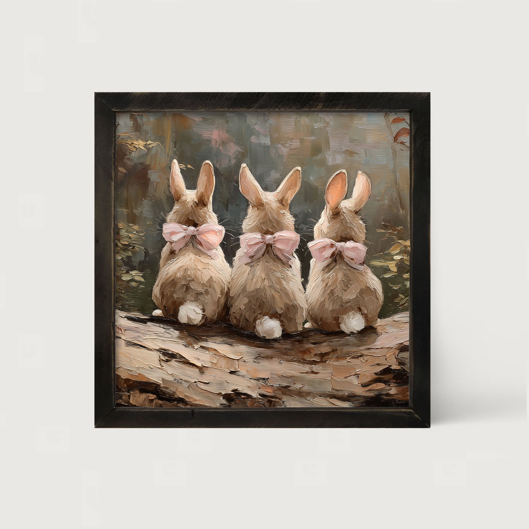 Bunnies with Pink Bows in Forest - Framed Art