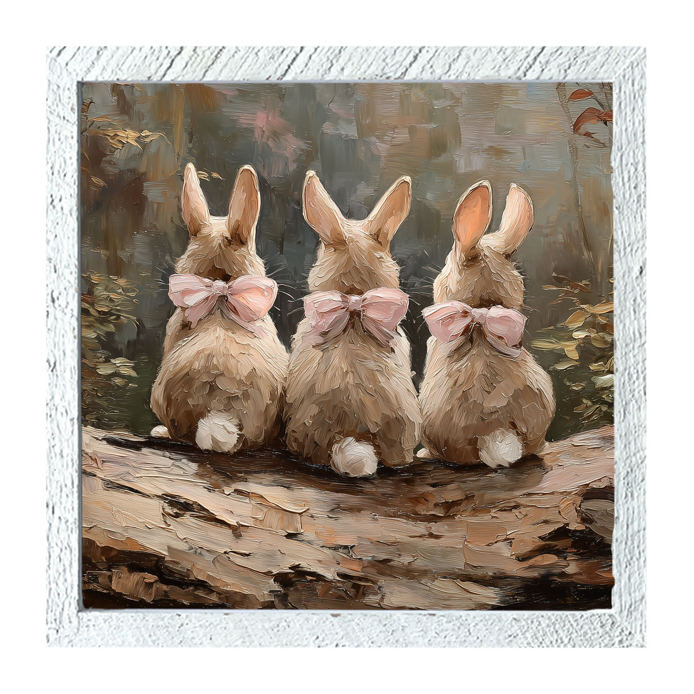 Bunnies with Pink Bows in Forest - Framed Art