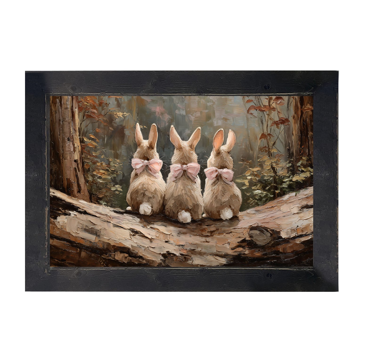 Bunnies with Pink Bows in Forest - Framed Art