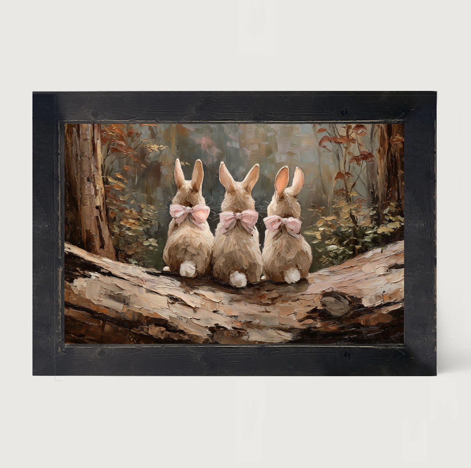 Bunnies with Pink Bows in Forest - Framed Art