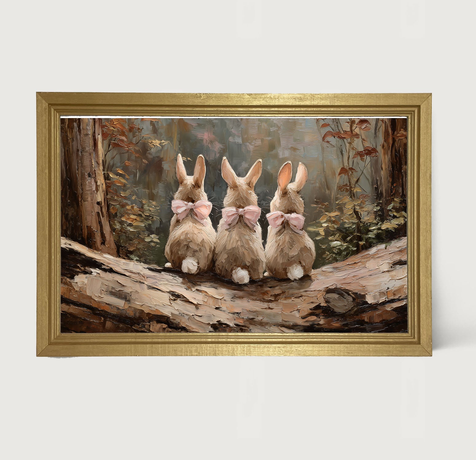Bunnies with Pink Bows in Forest - Framed Art