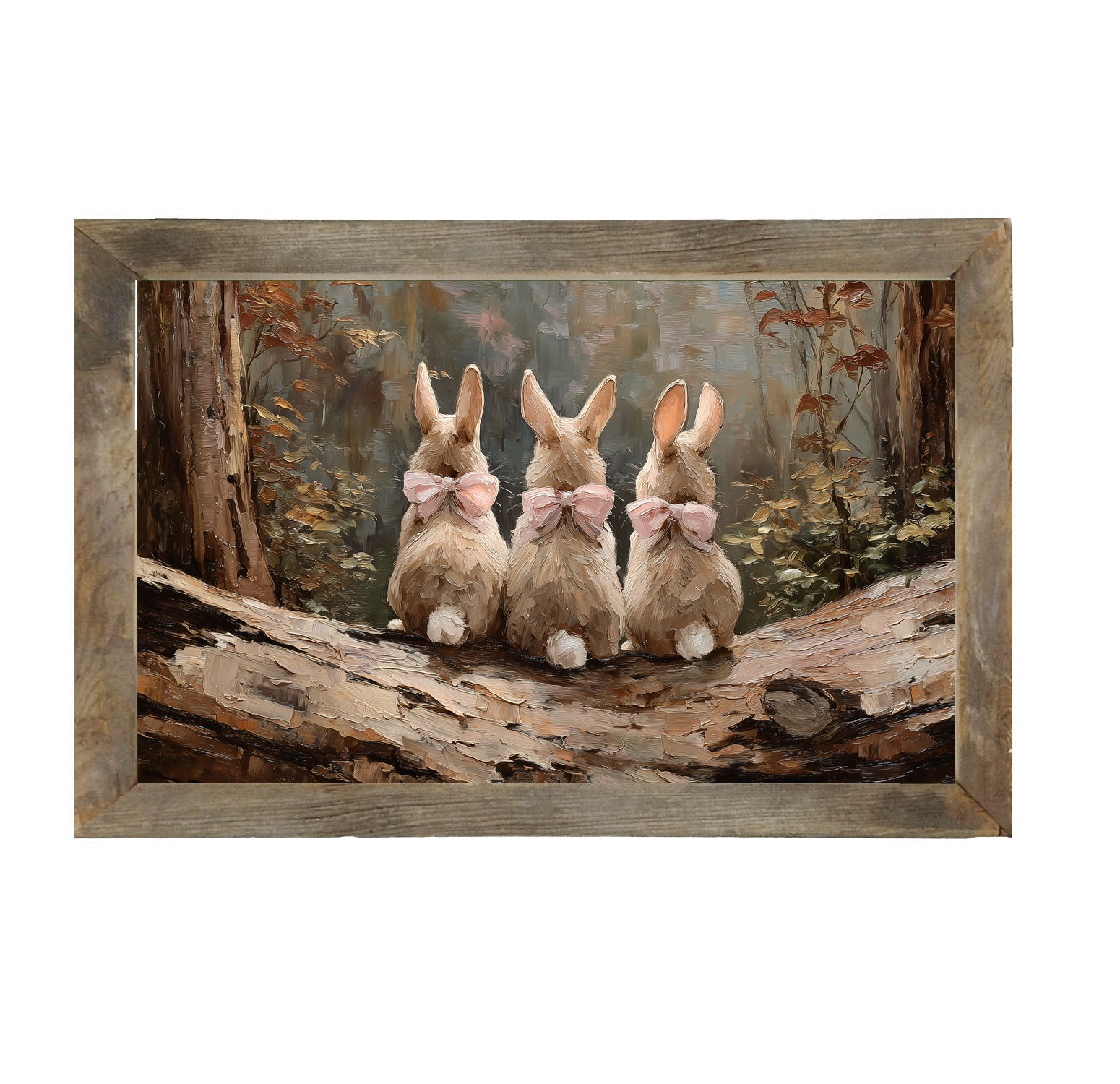 Bunnies with Pink Bows in Forest - Framed Art