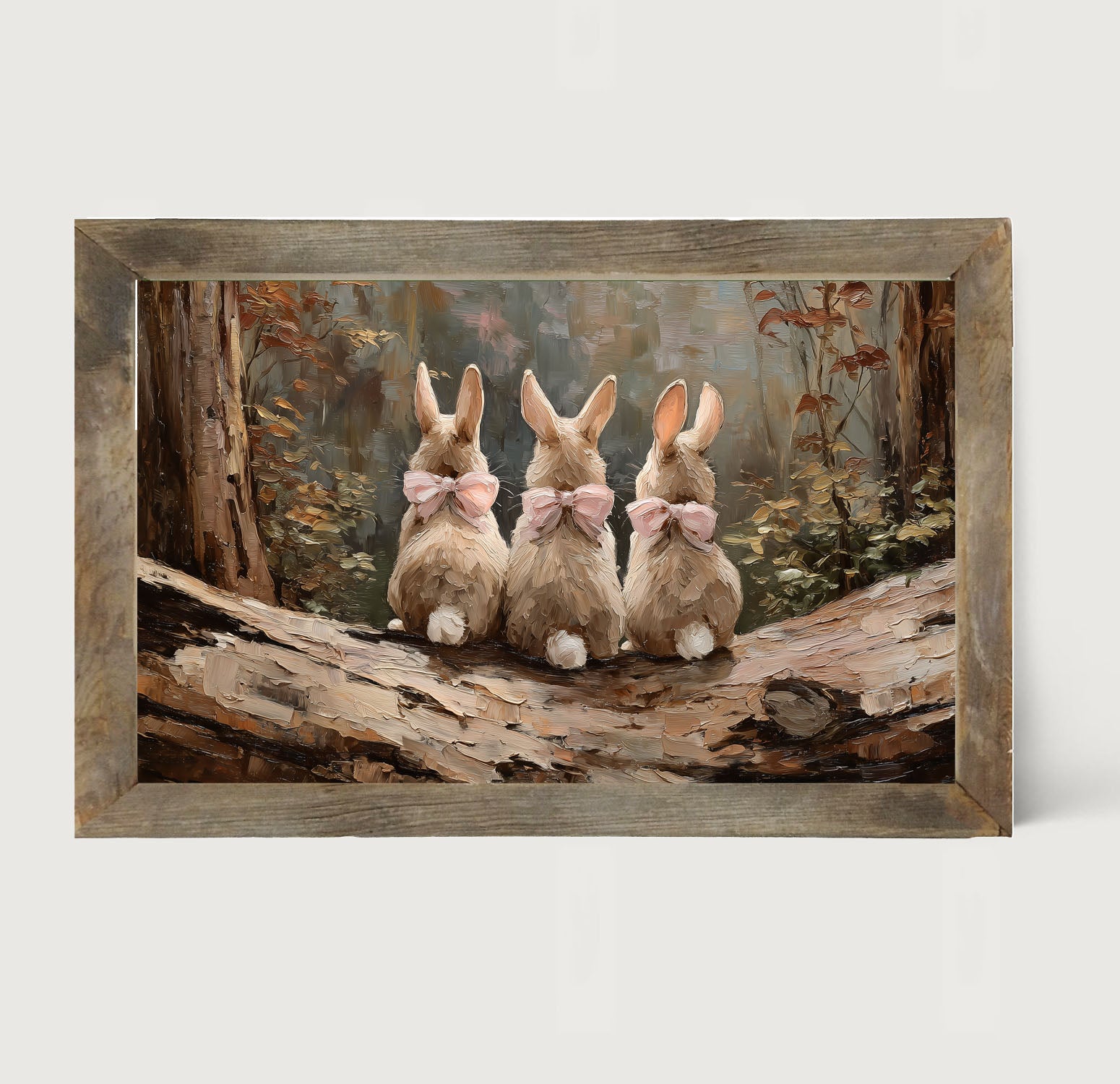 Bunnies with Pink Bows in Forest - Framed Art