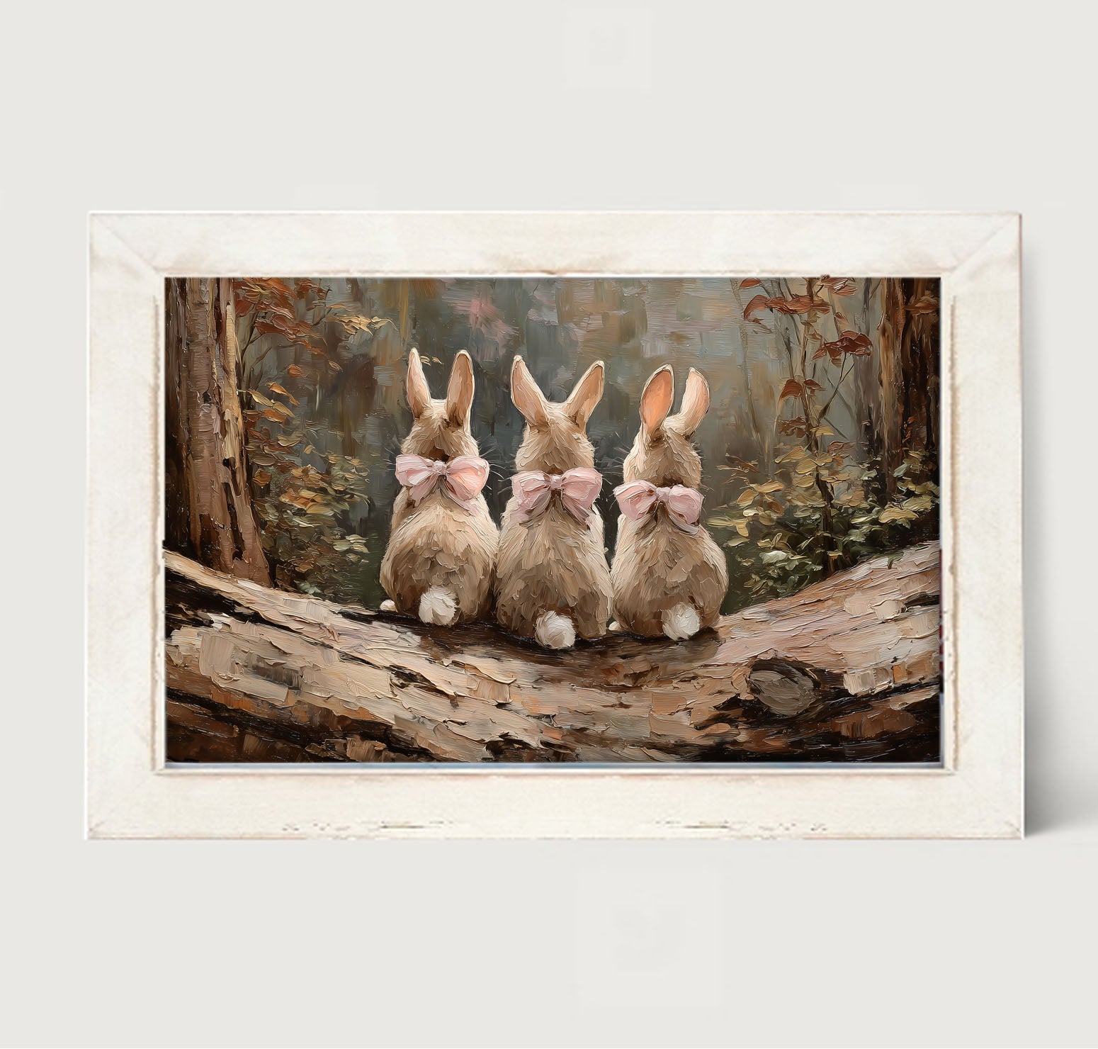 Bunnies with Pink Bows in Forest - Framed Art