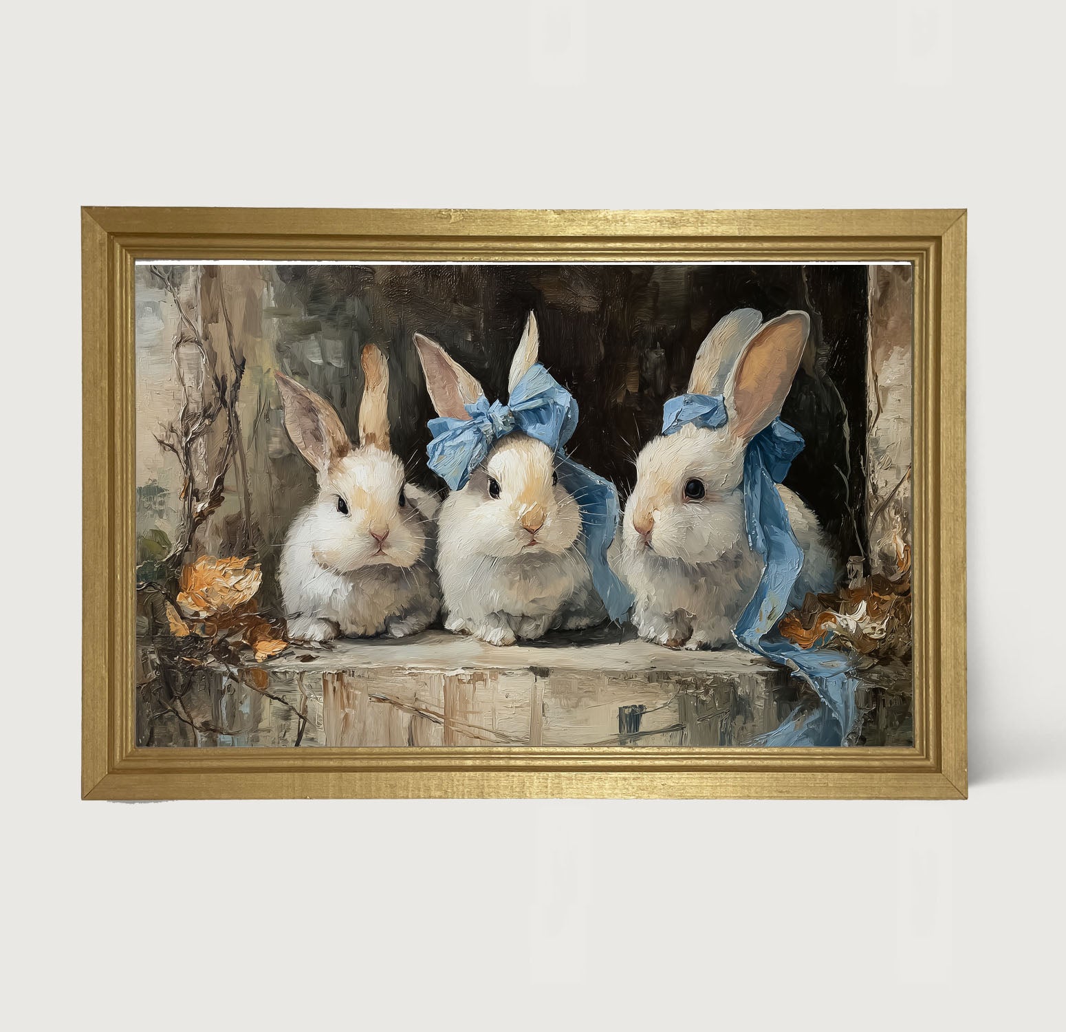 Bunnies with Blue Bows in Doorway - Framed Art