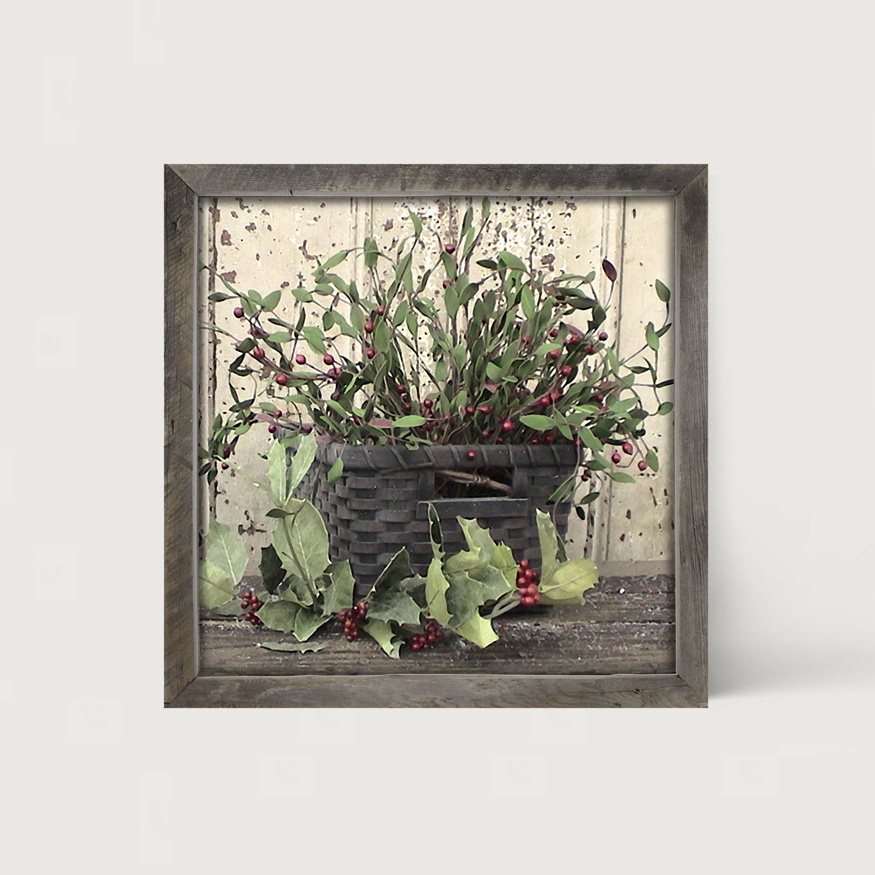 Green Holly and Berry Basket - Framed art