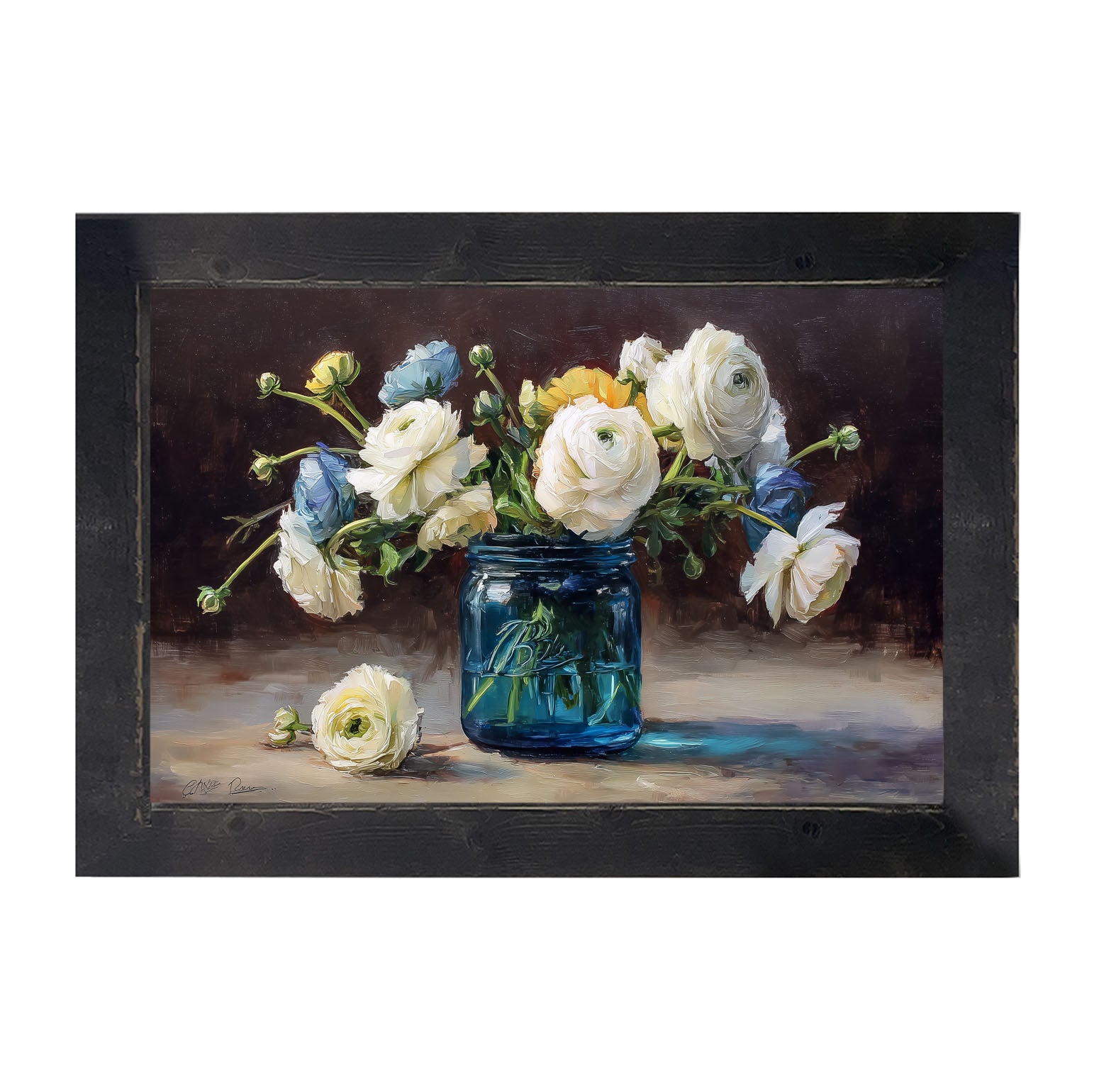 Mason Jar with Blue and White Flowers - Framed Art