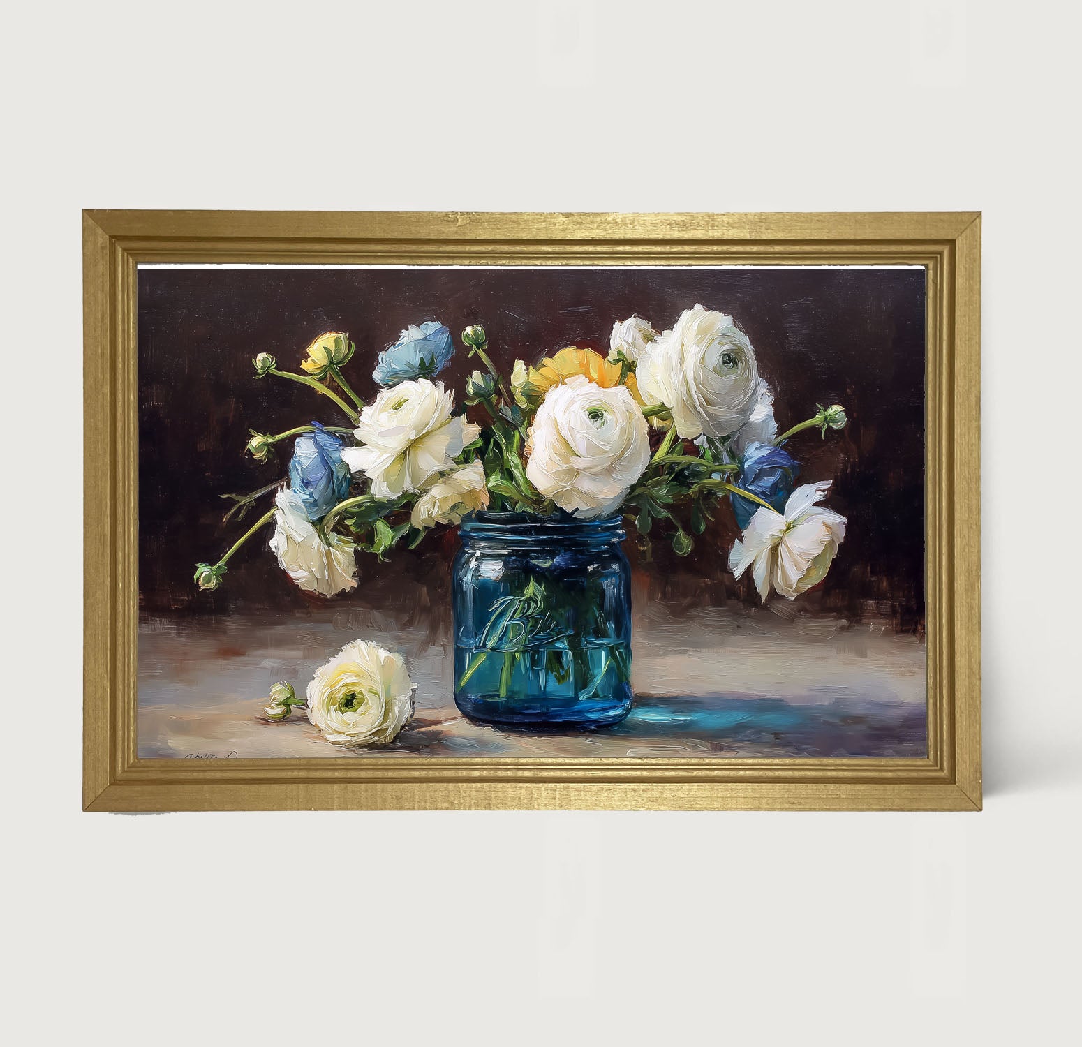 Mason Jar with Blue and White Flowers - Framed Art