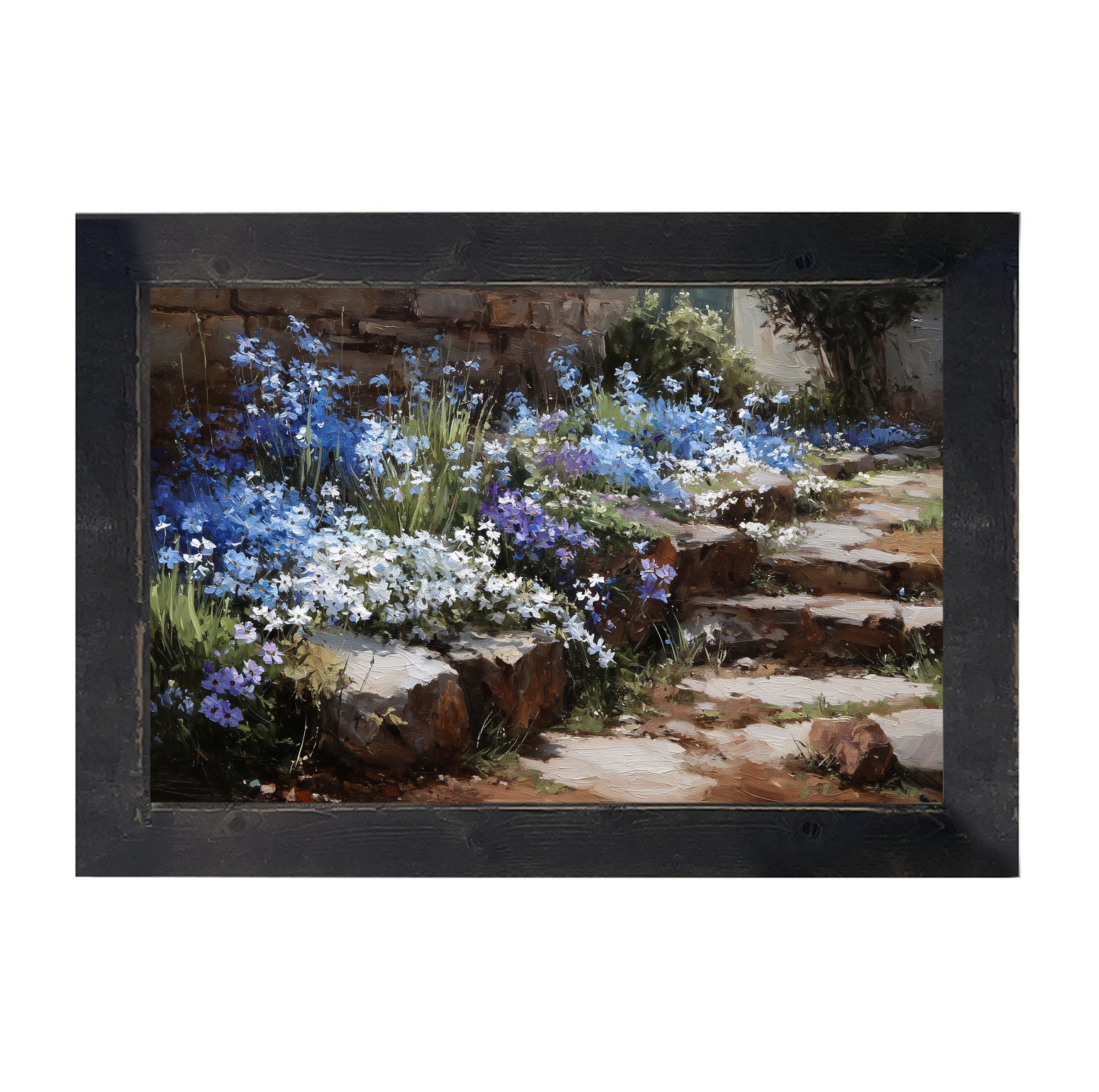 Blue Flowers along Pathway - Framed Art