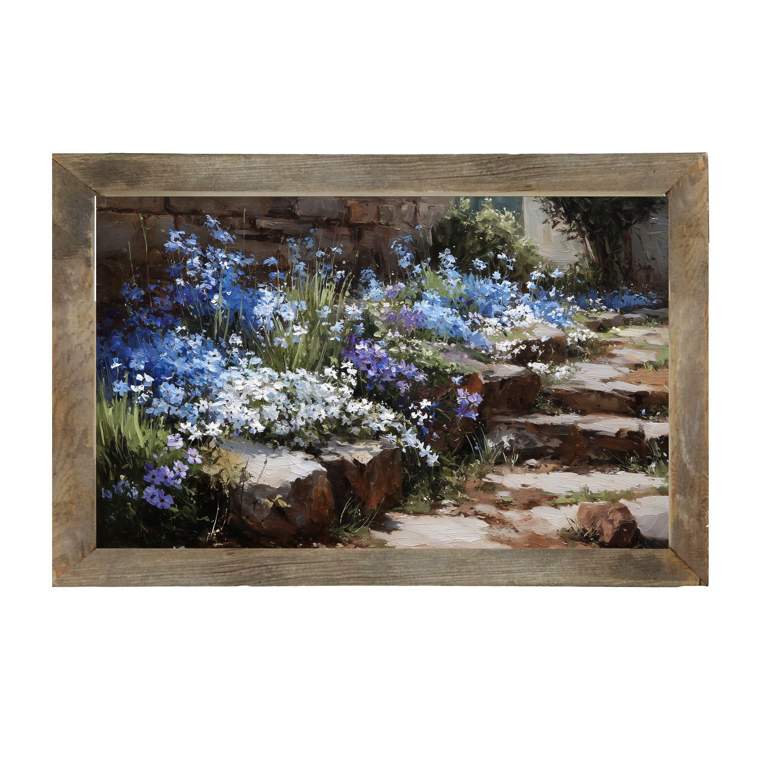Blue Flowers along Pathway - Framed Art