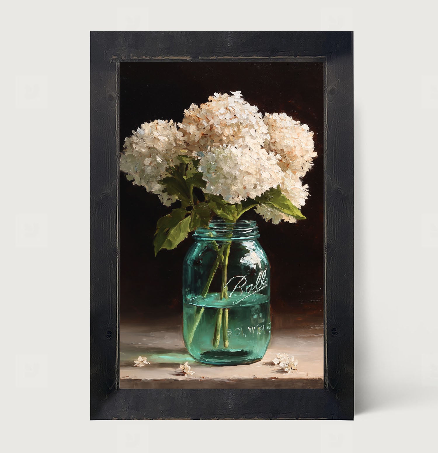 Mason Jar with White Hydrangeas - Framed Art