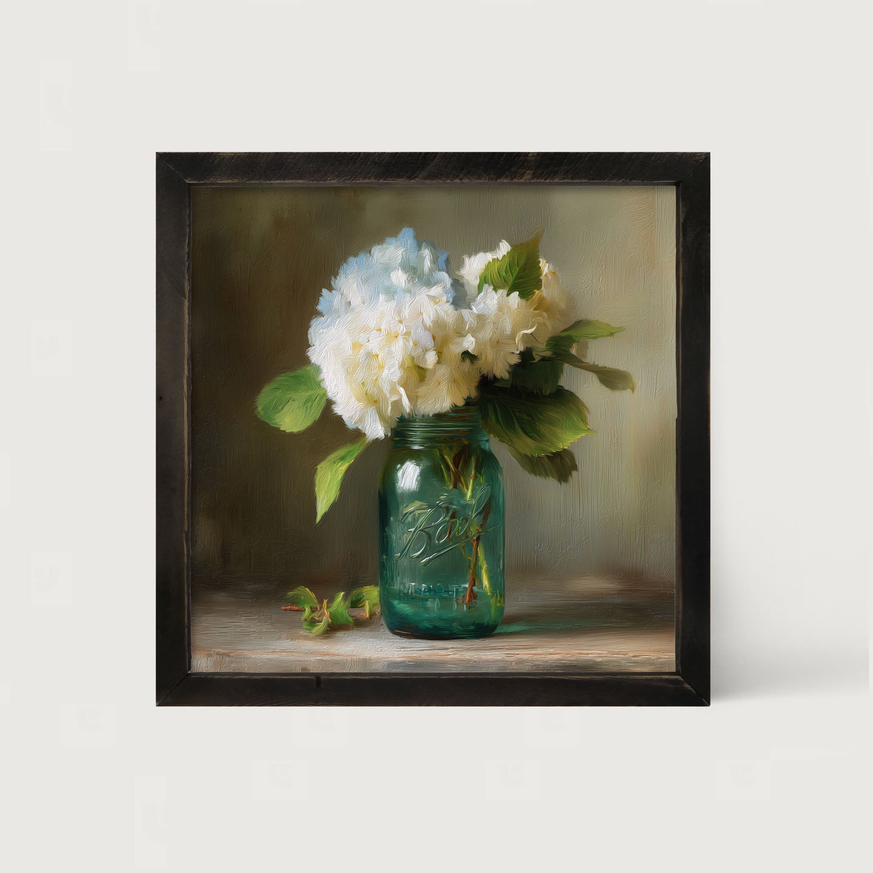 Mason Jar with Blue and White Hydrangeas