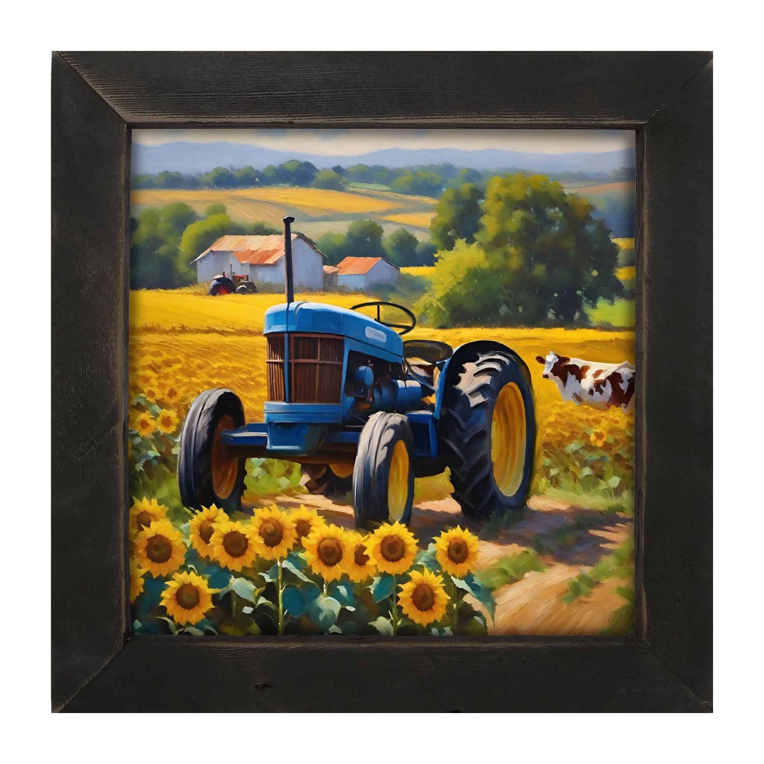 Blue tractor with cow - Framed art