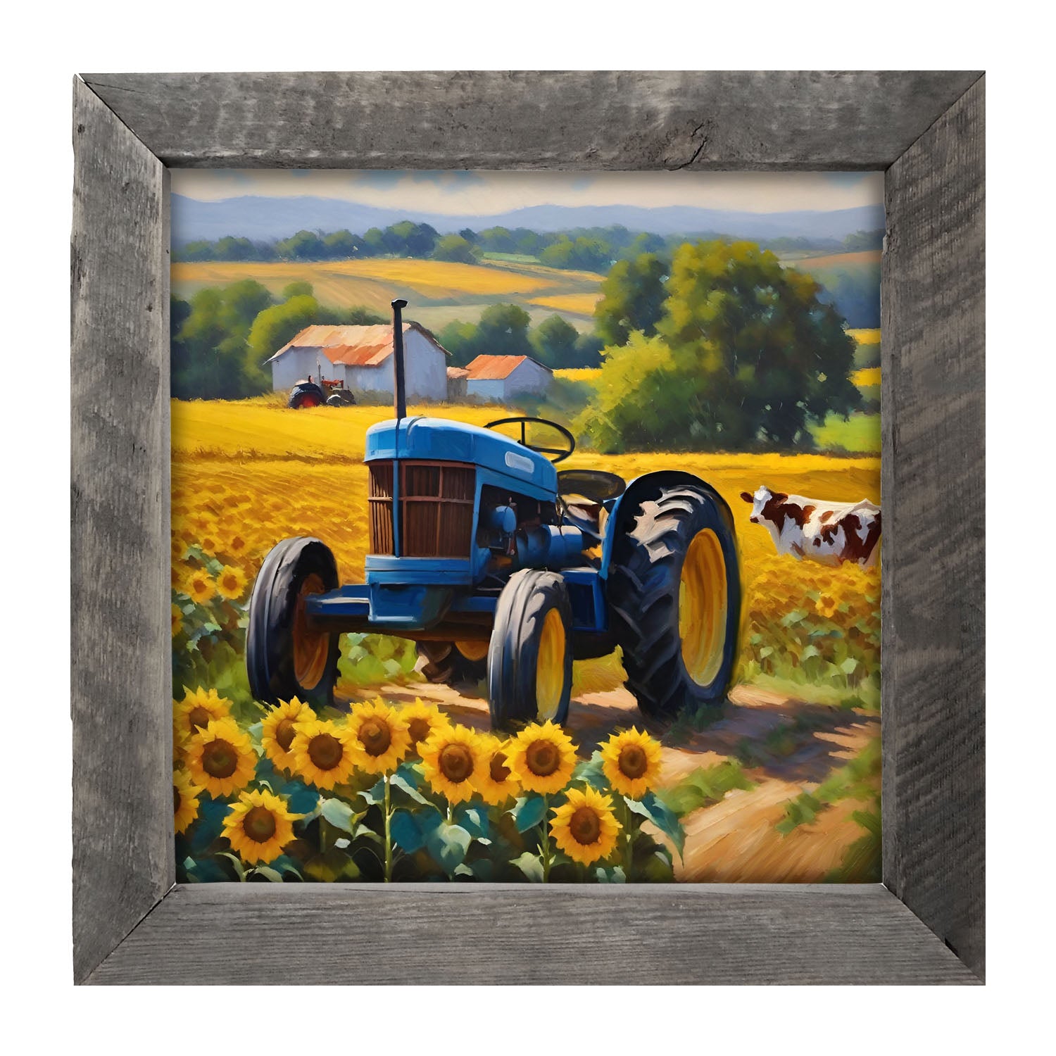 Blue tractor with cow - Framed art
