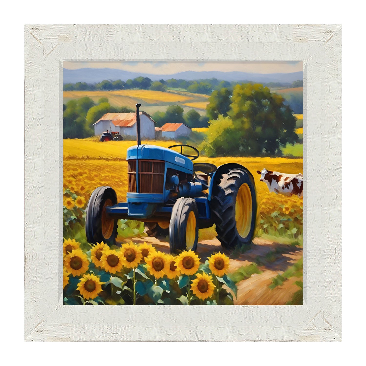 Blue tractor with cow - Framed art