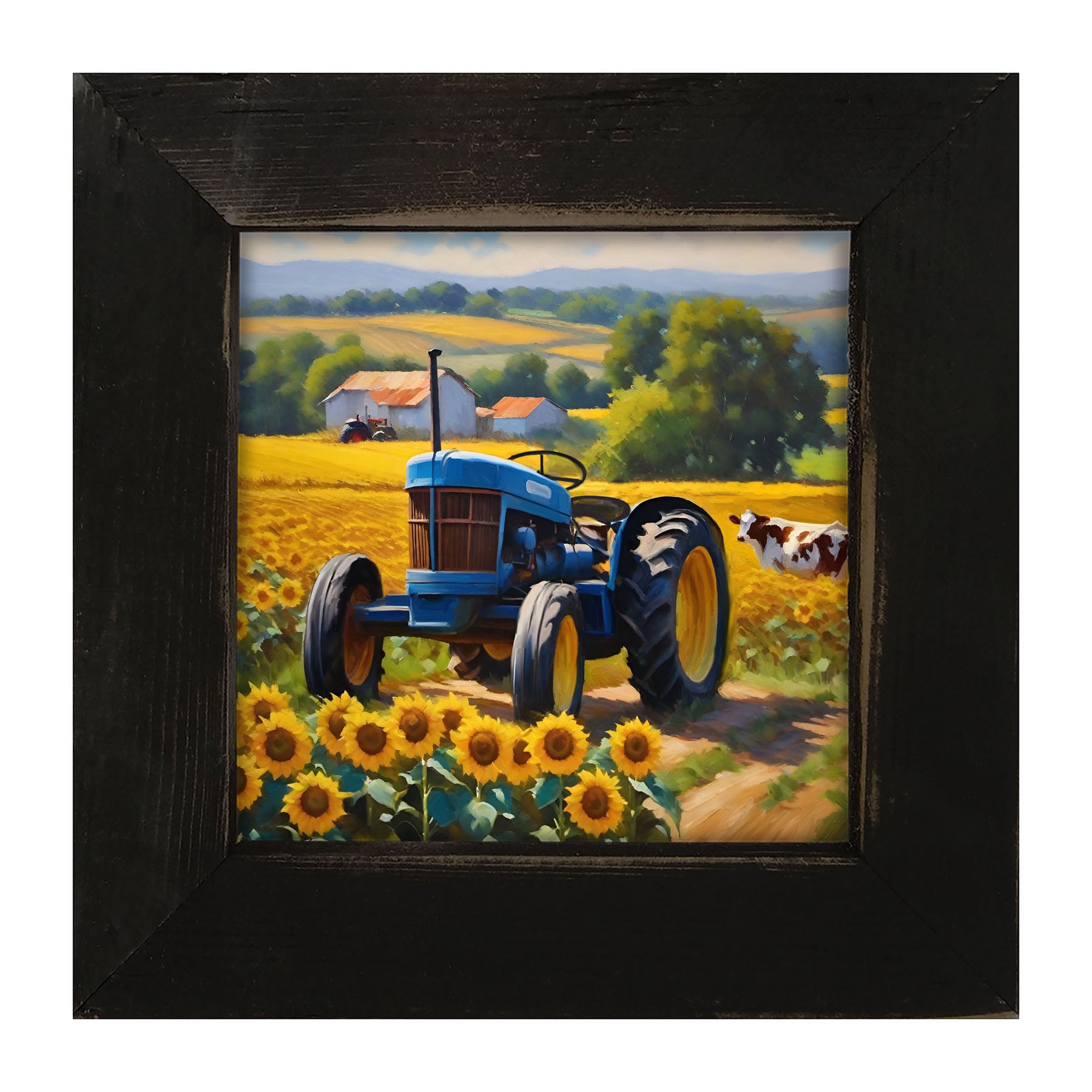Blue tractor with cow - Framed art