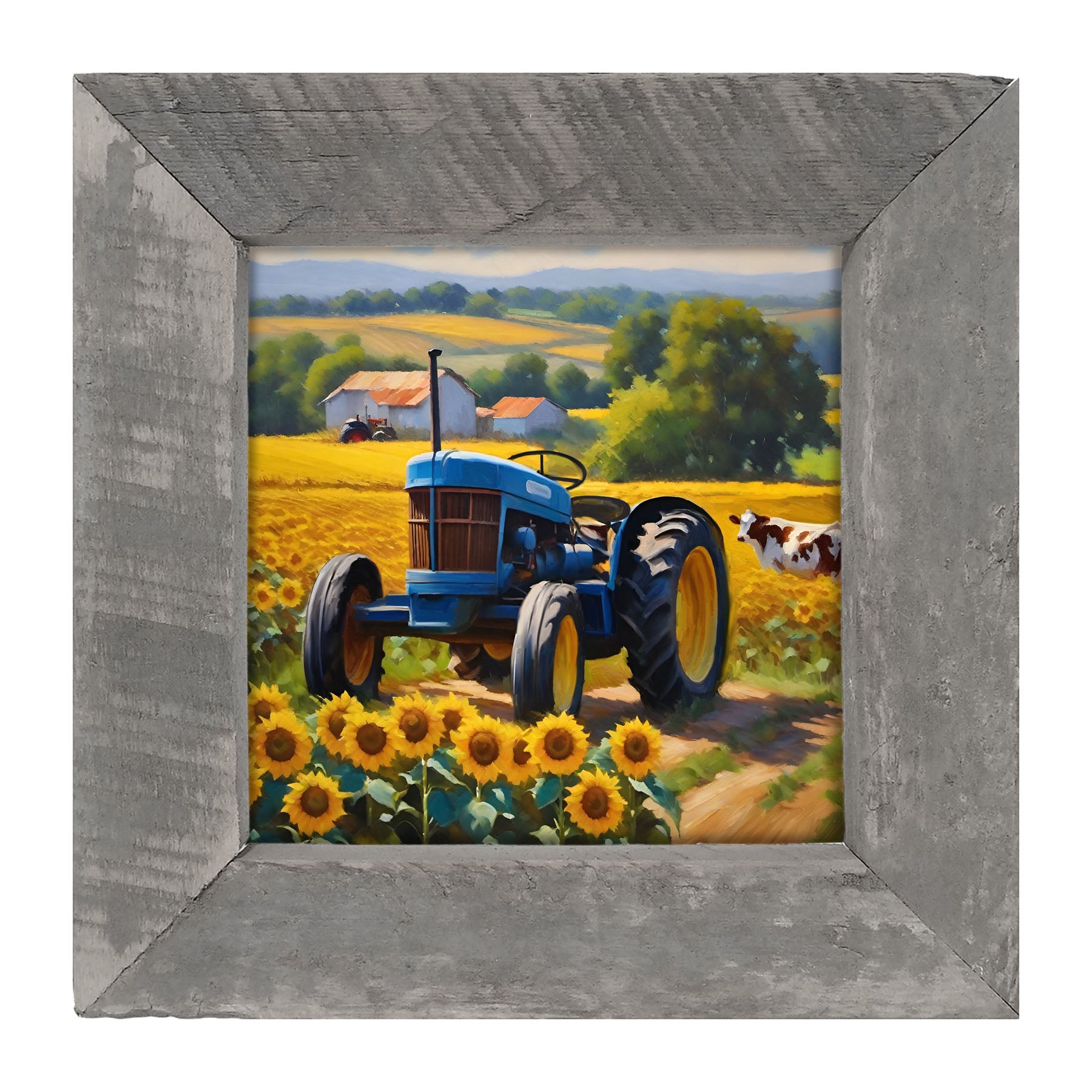 Blue tractor with cow - Framed art