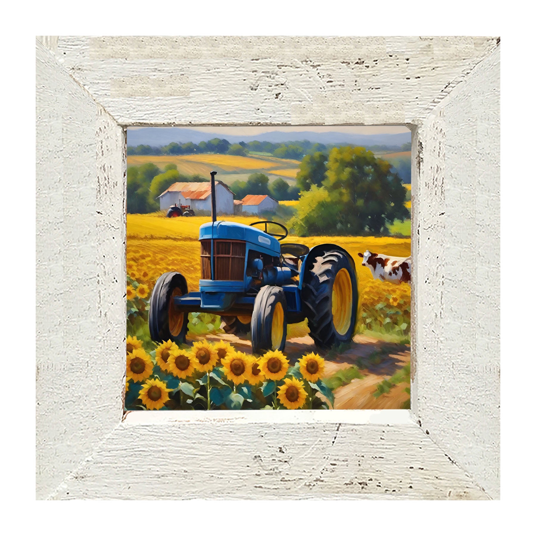 Blue tractor with cow - Framed art