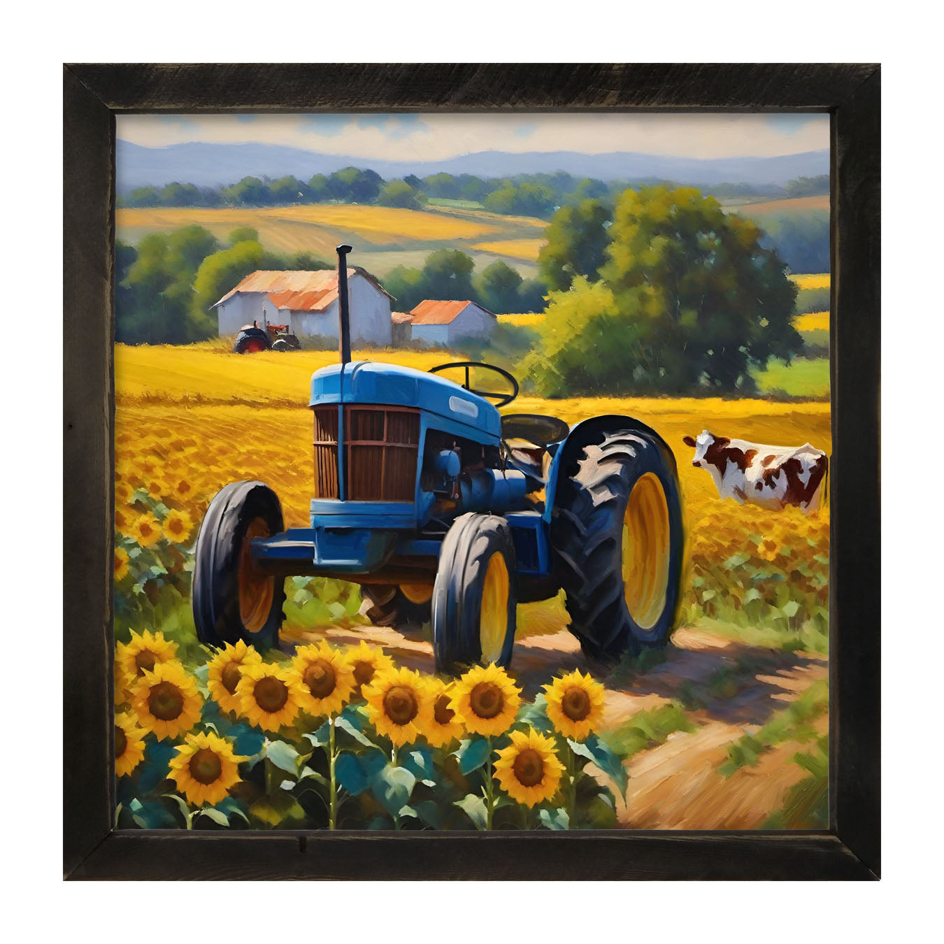 Blue tractor with cow