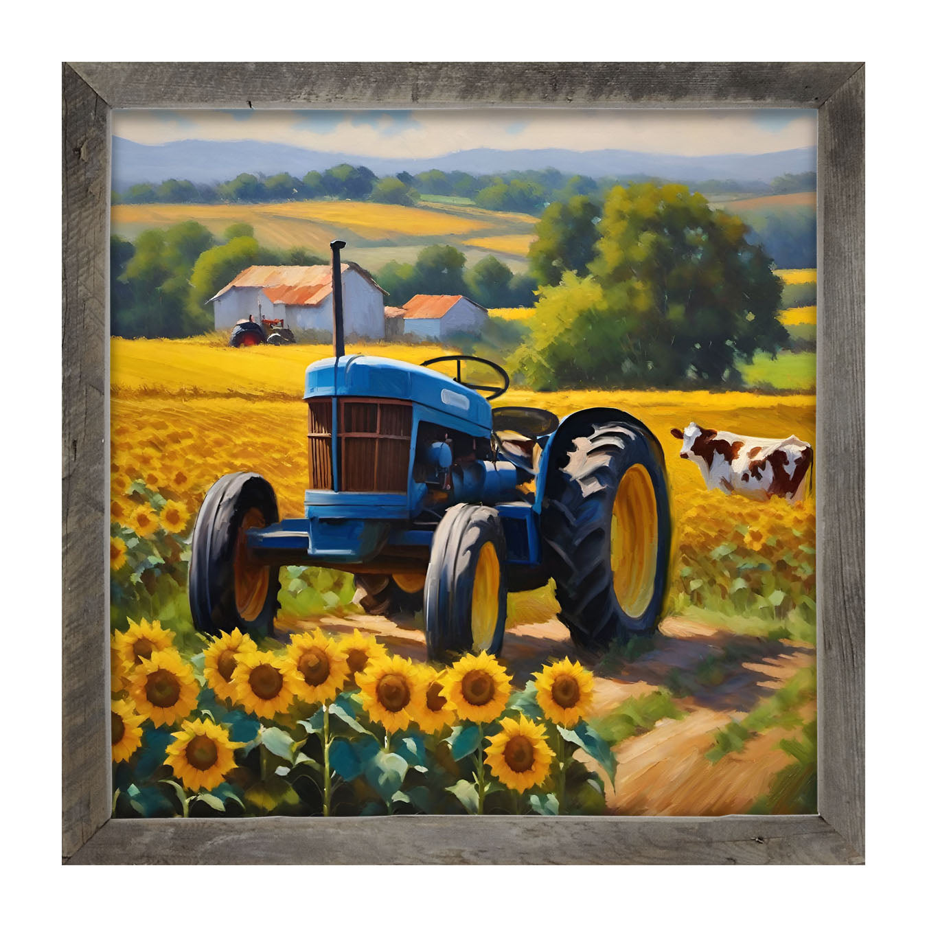 Blue tractor with cow - Framed art