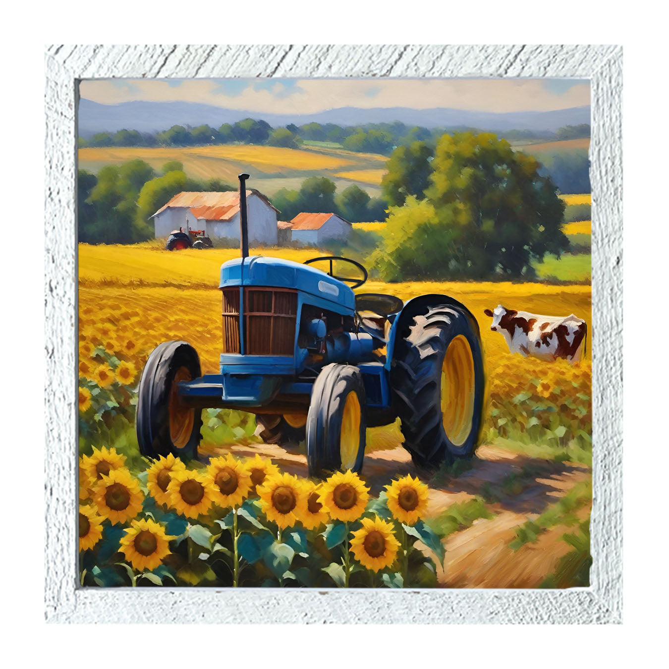 Blue tractor with cow - Framed art