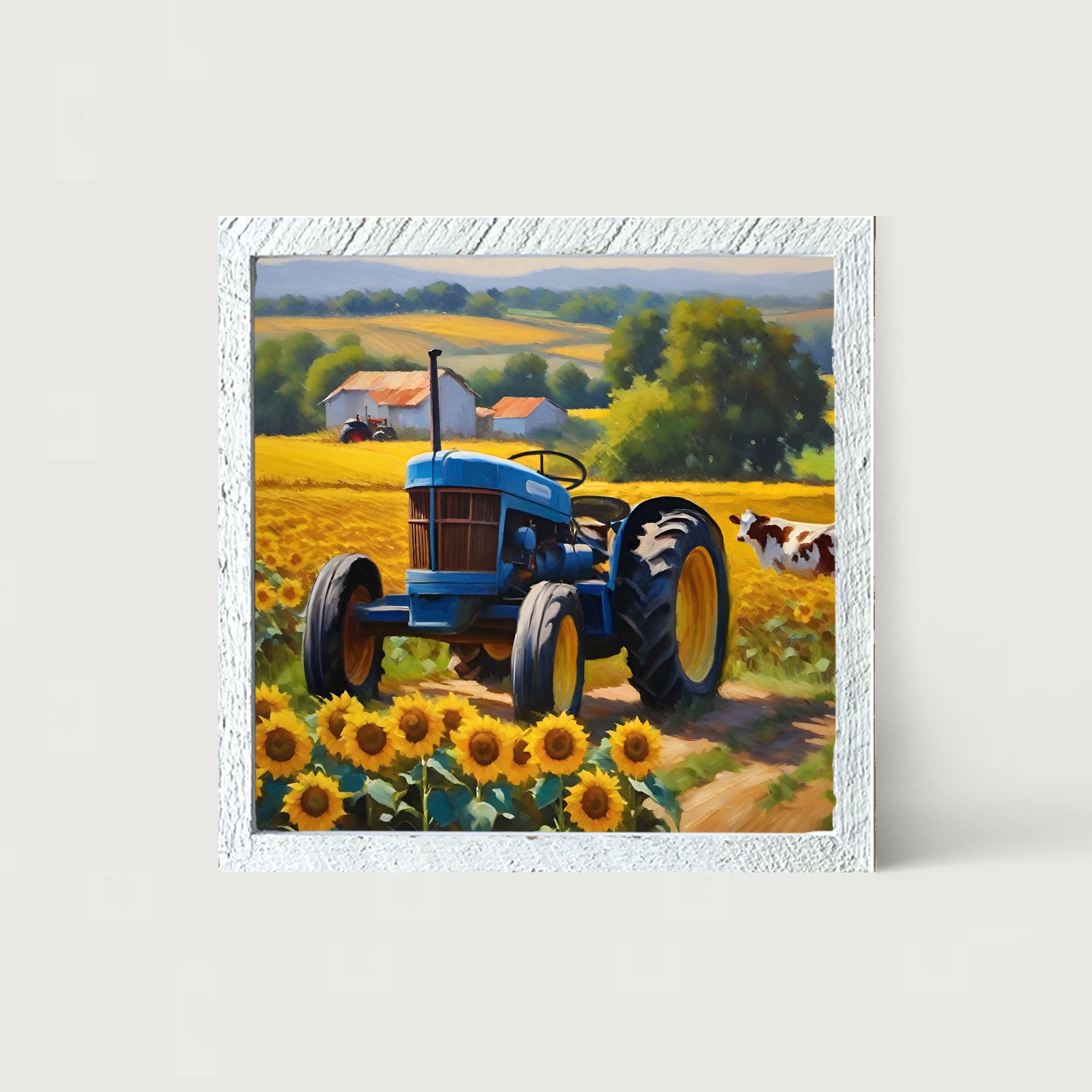Blue tractor with cow - Framed art