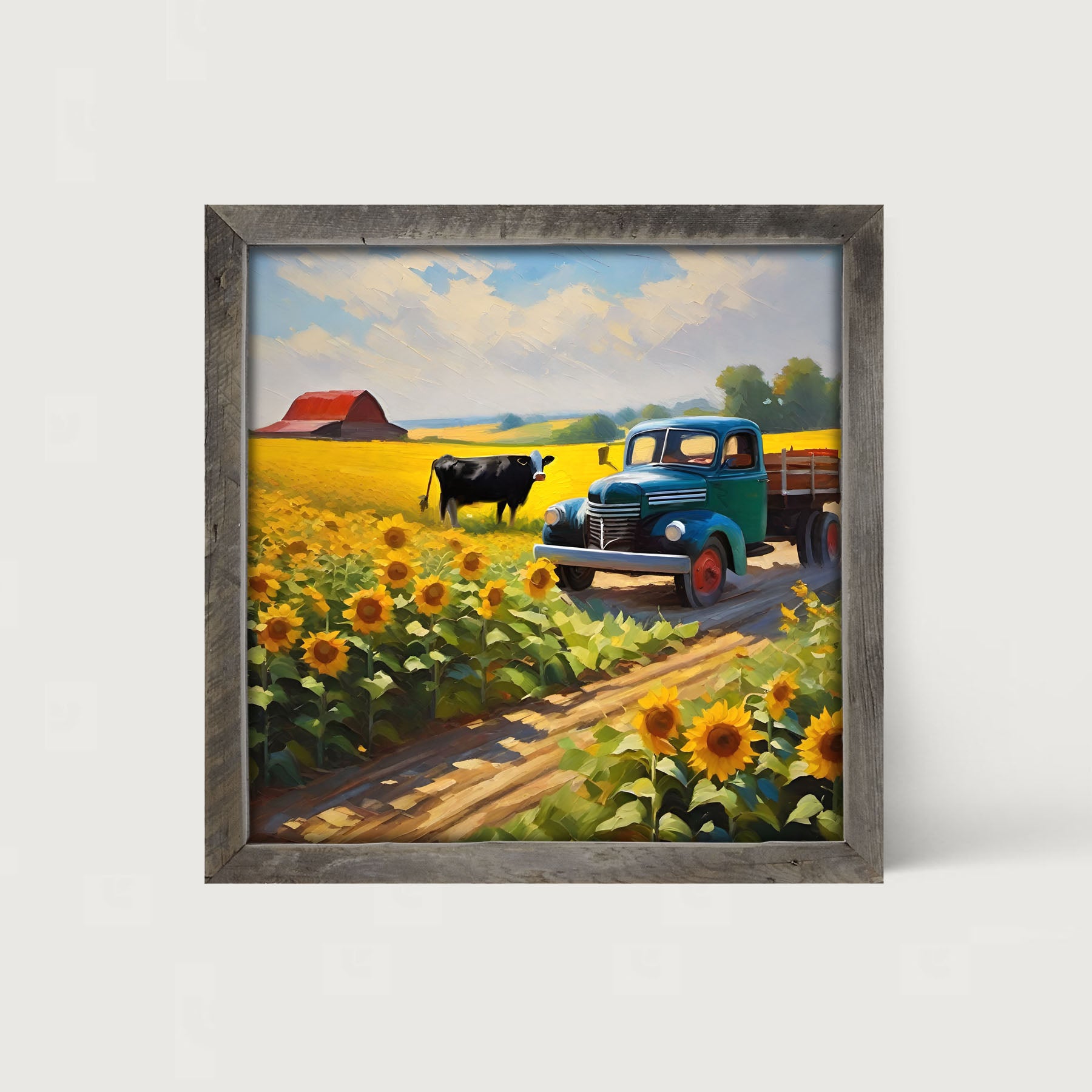 Old truck with black cow - Framed art