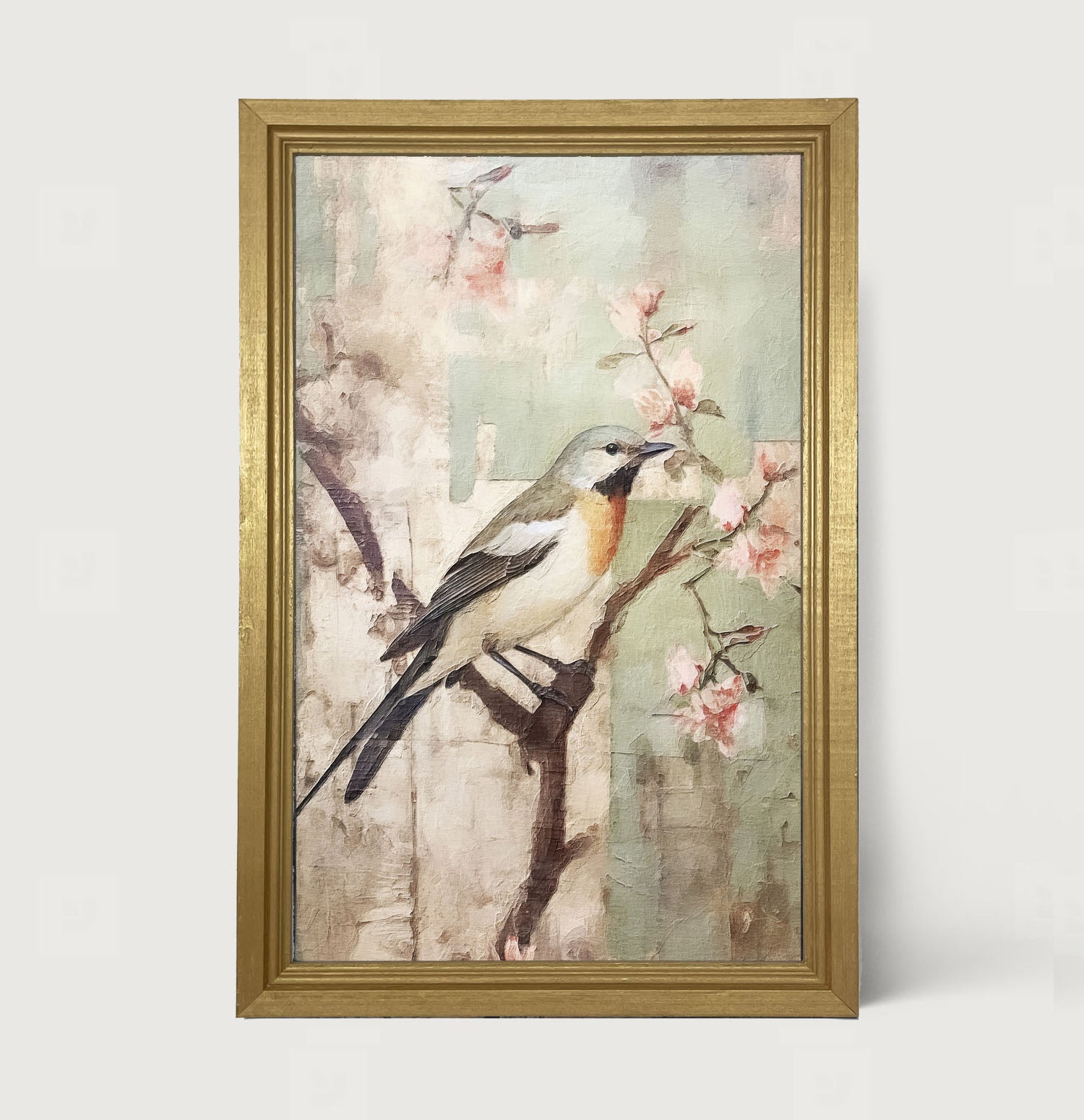 Red-breasted bird on branch - Framed Art