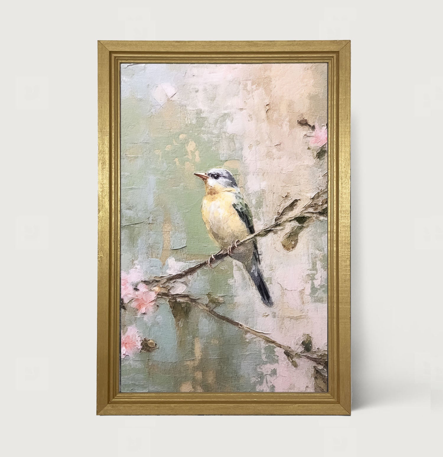 Bird sitting on cherry blossom branch - Framed art