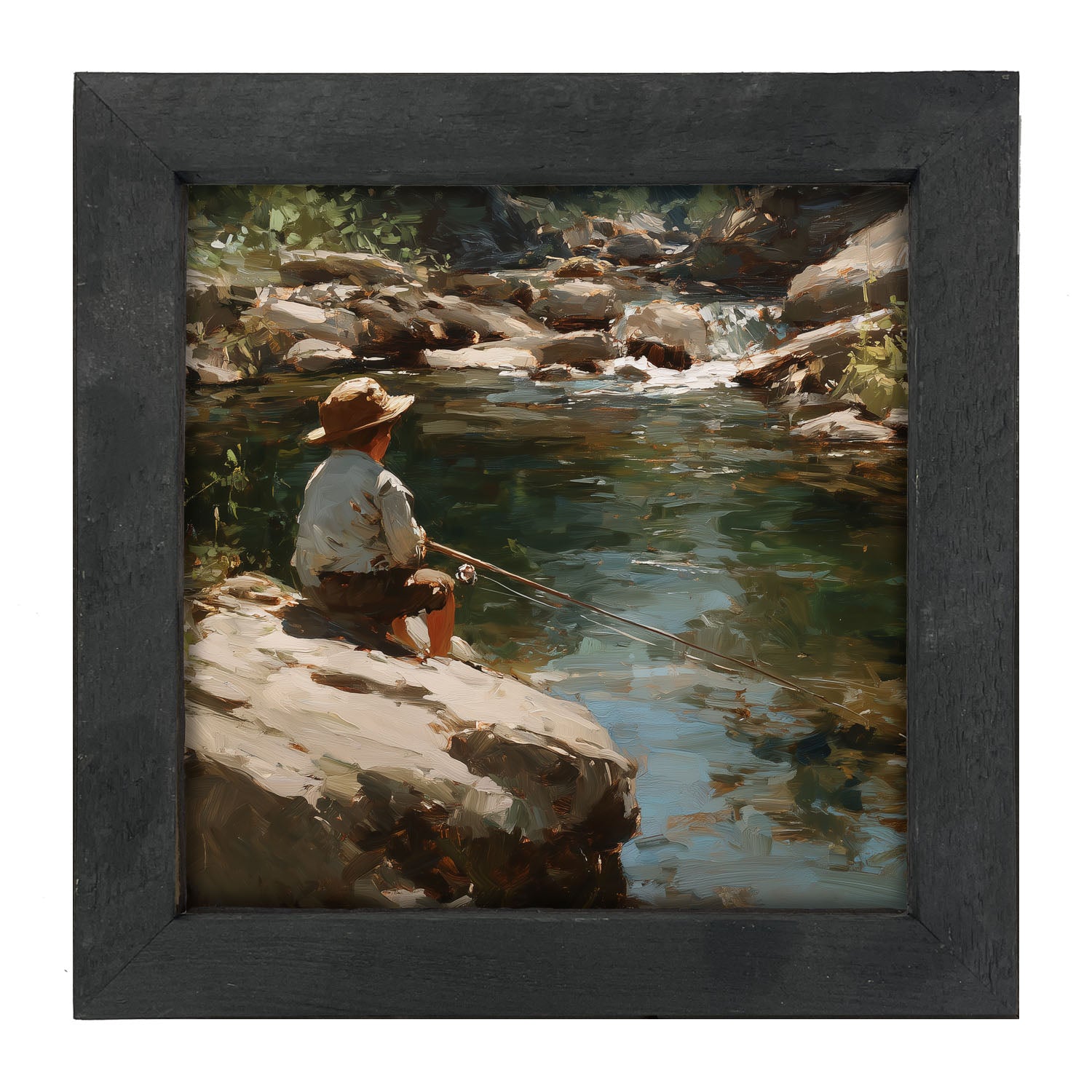 Fishing - Boy on River Rock - Framed Art