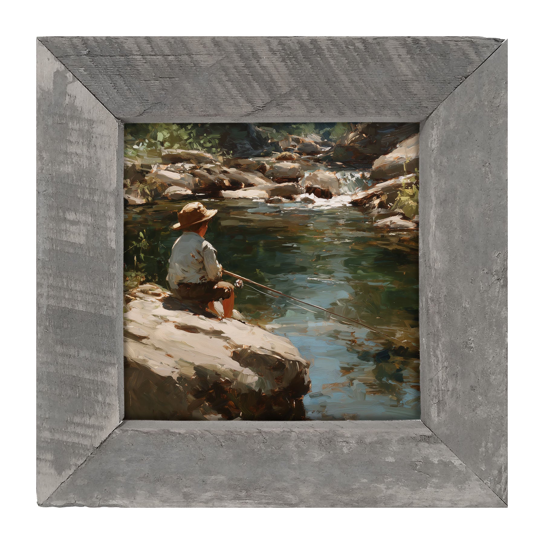 Fishing - Boy on River Rock - Framed Art