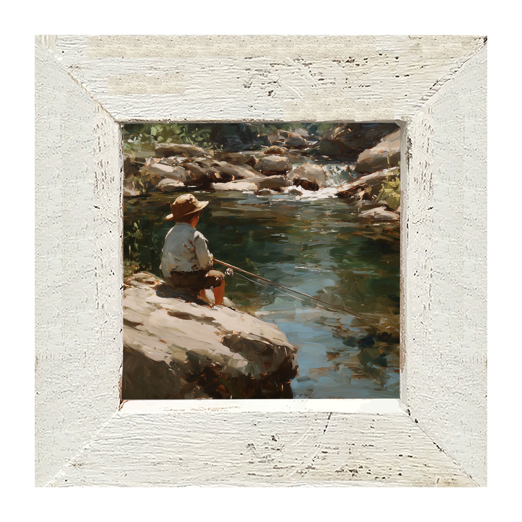 Fishing - Boy on River Rock - Framed Art
