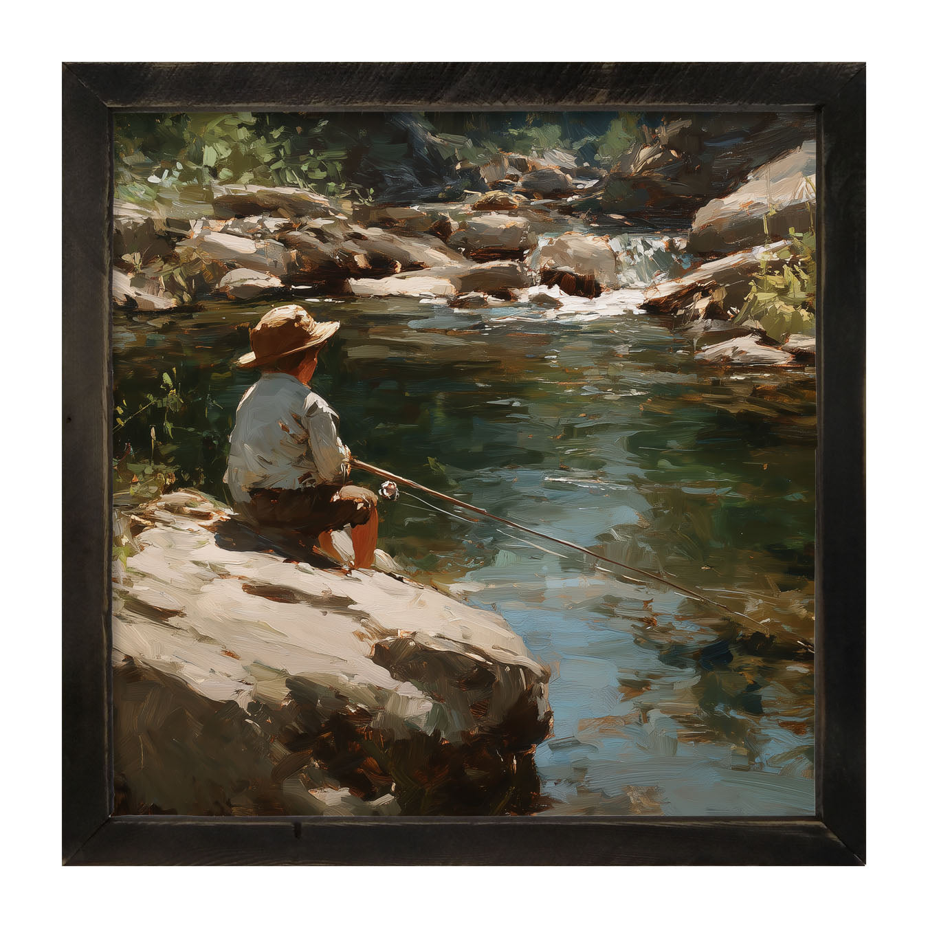 Fishing - Boy on River Rock - Framed Art