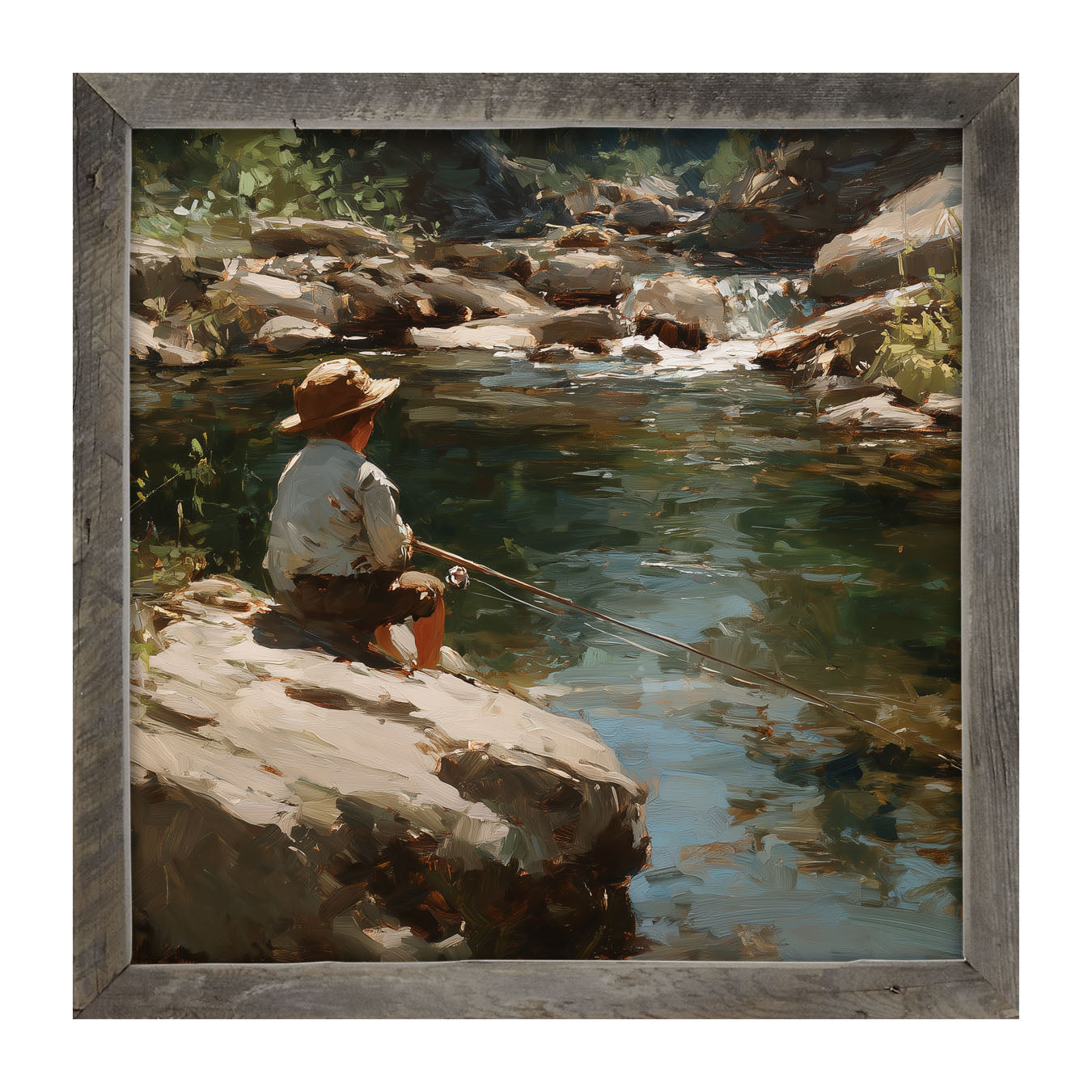 Fishing - Boy on River Rock - Framed Art