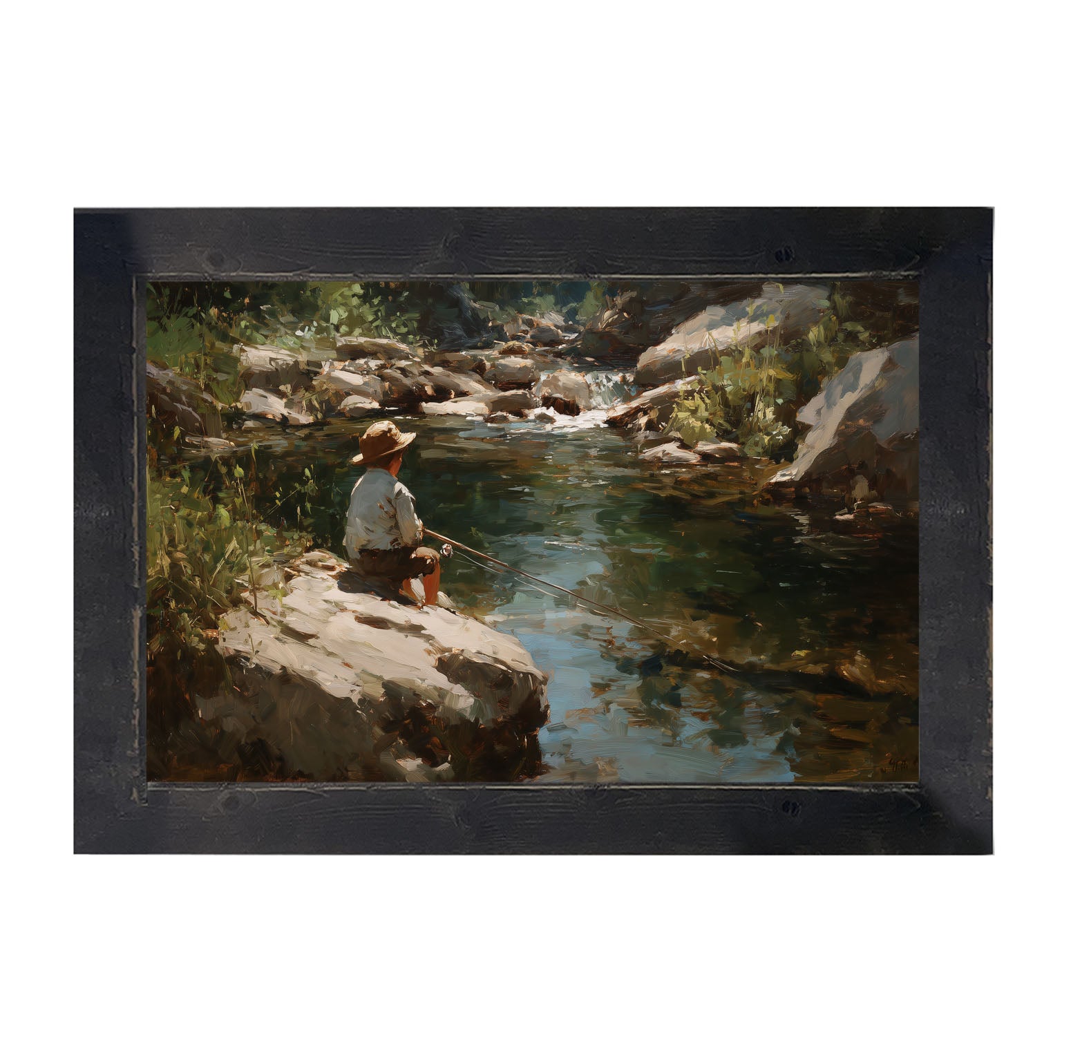 Fishing - Boy on River Rock - Framed Art