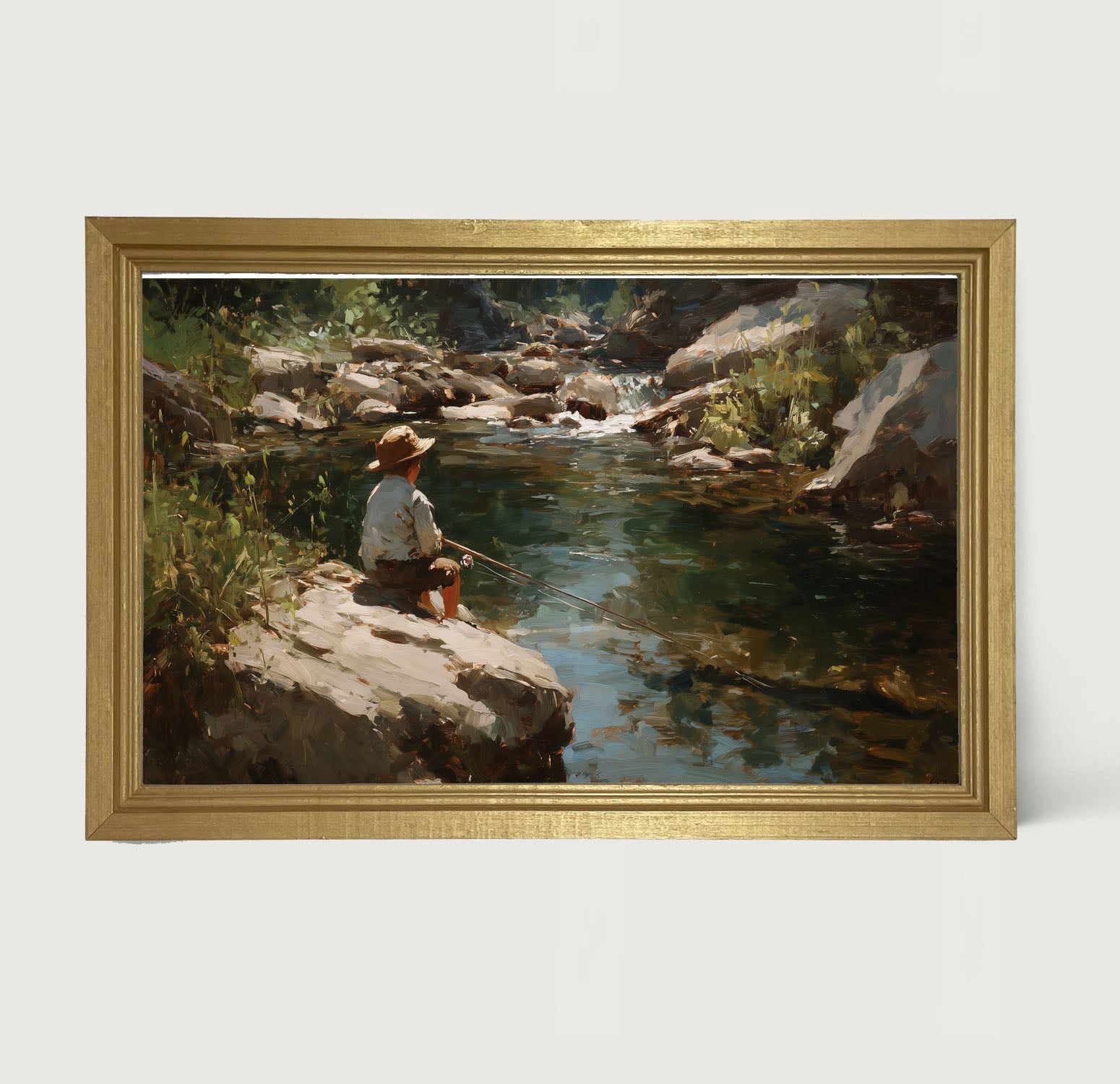 Fishing - Boy on River Rock