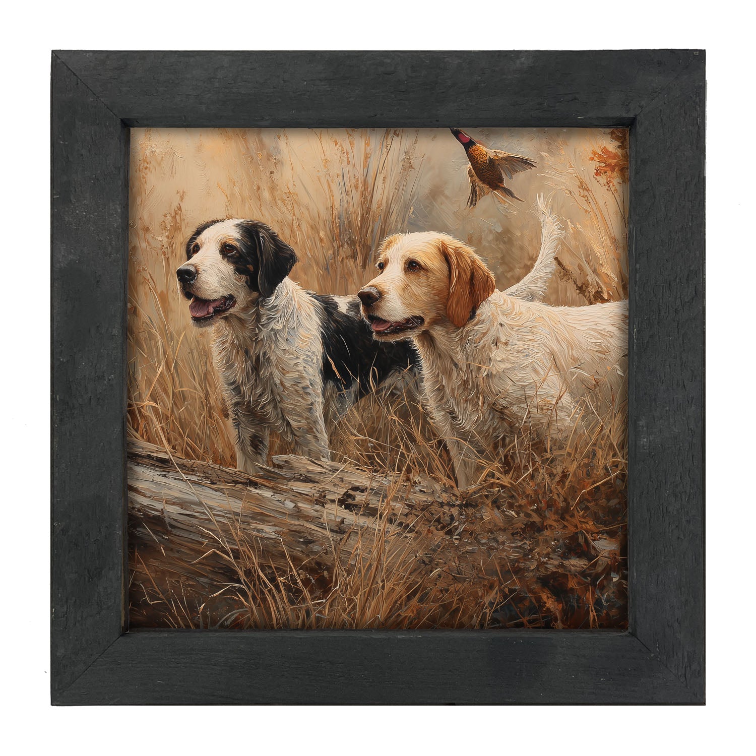 Hunting Season - Dogs near Log - Framed Art