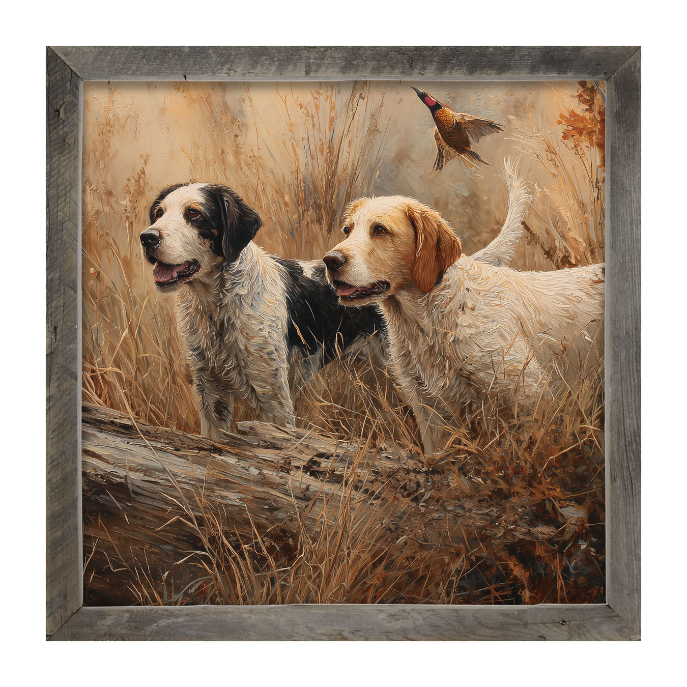 Hunting Season - Dogs near Log - Framed Art