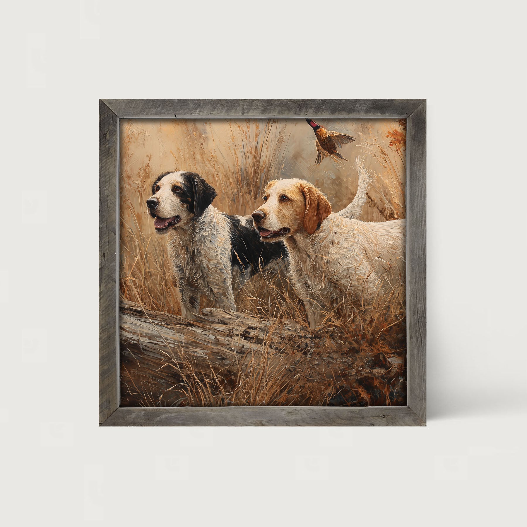 Hunting Season - Dogs near Log - Framed Art