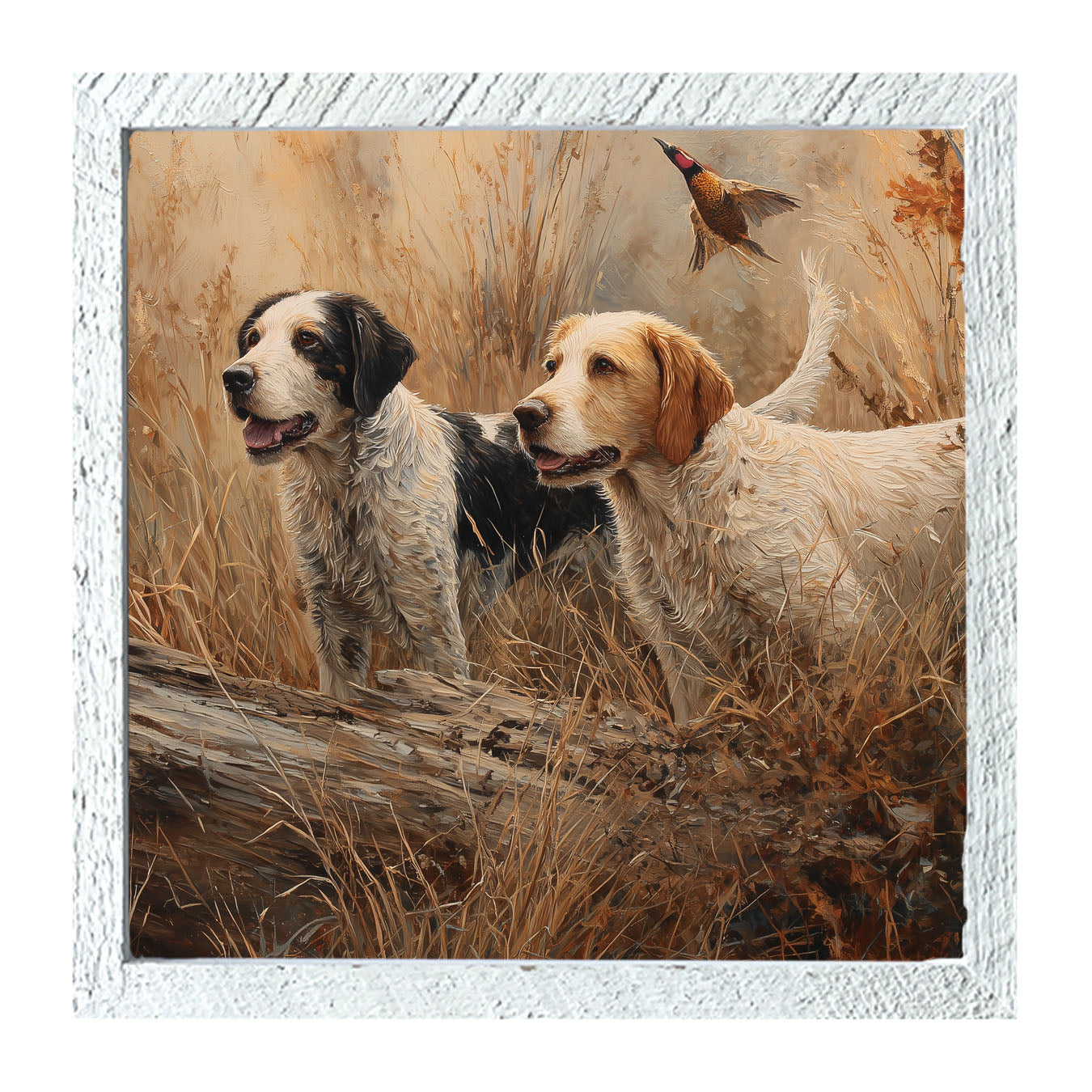 Hunting Season - Dogs near Log - Framed Art