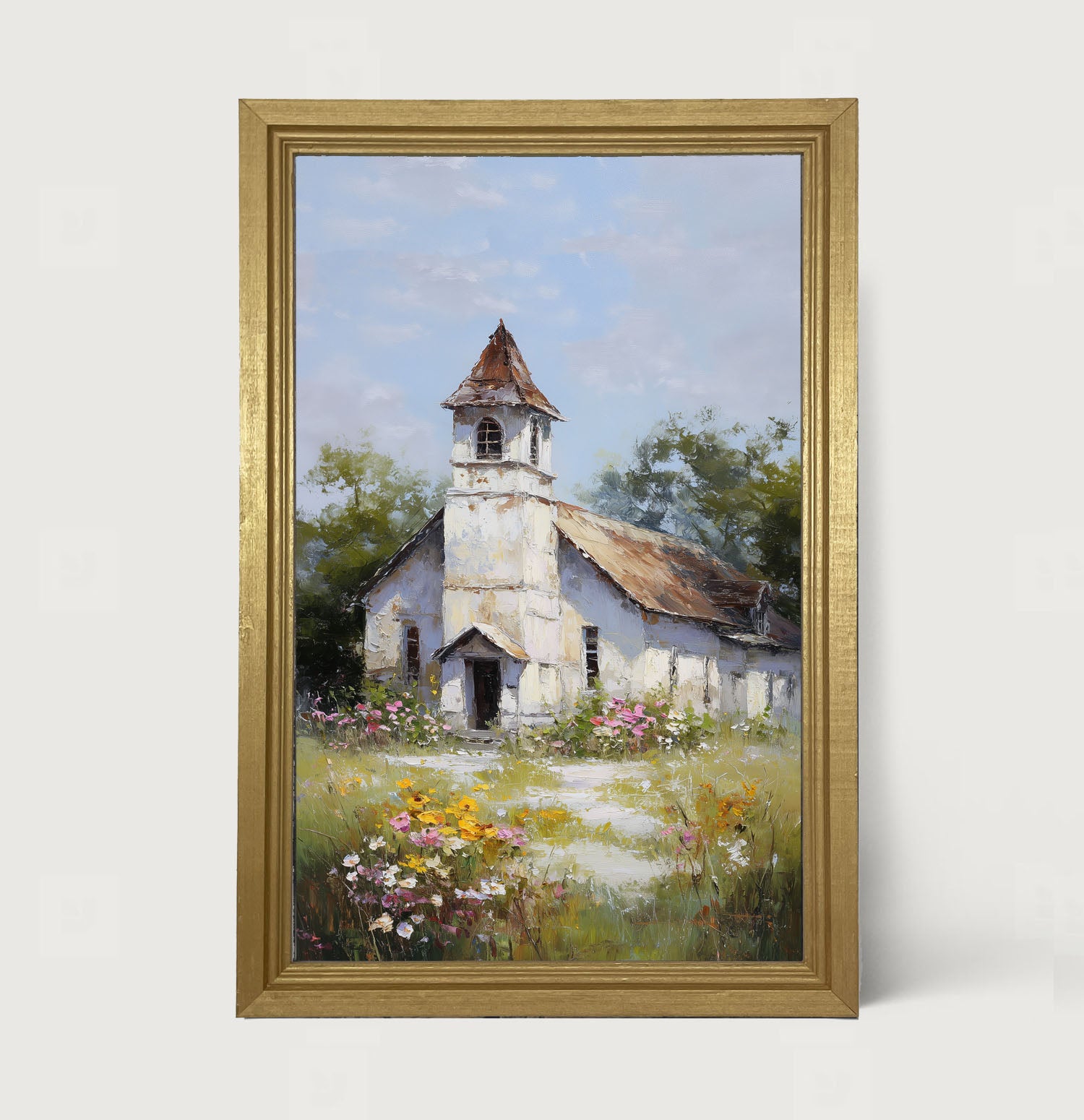 Country Church with Wildflowers - Framed Art