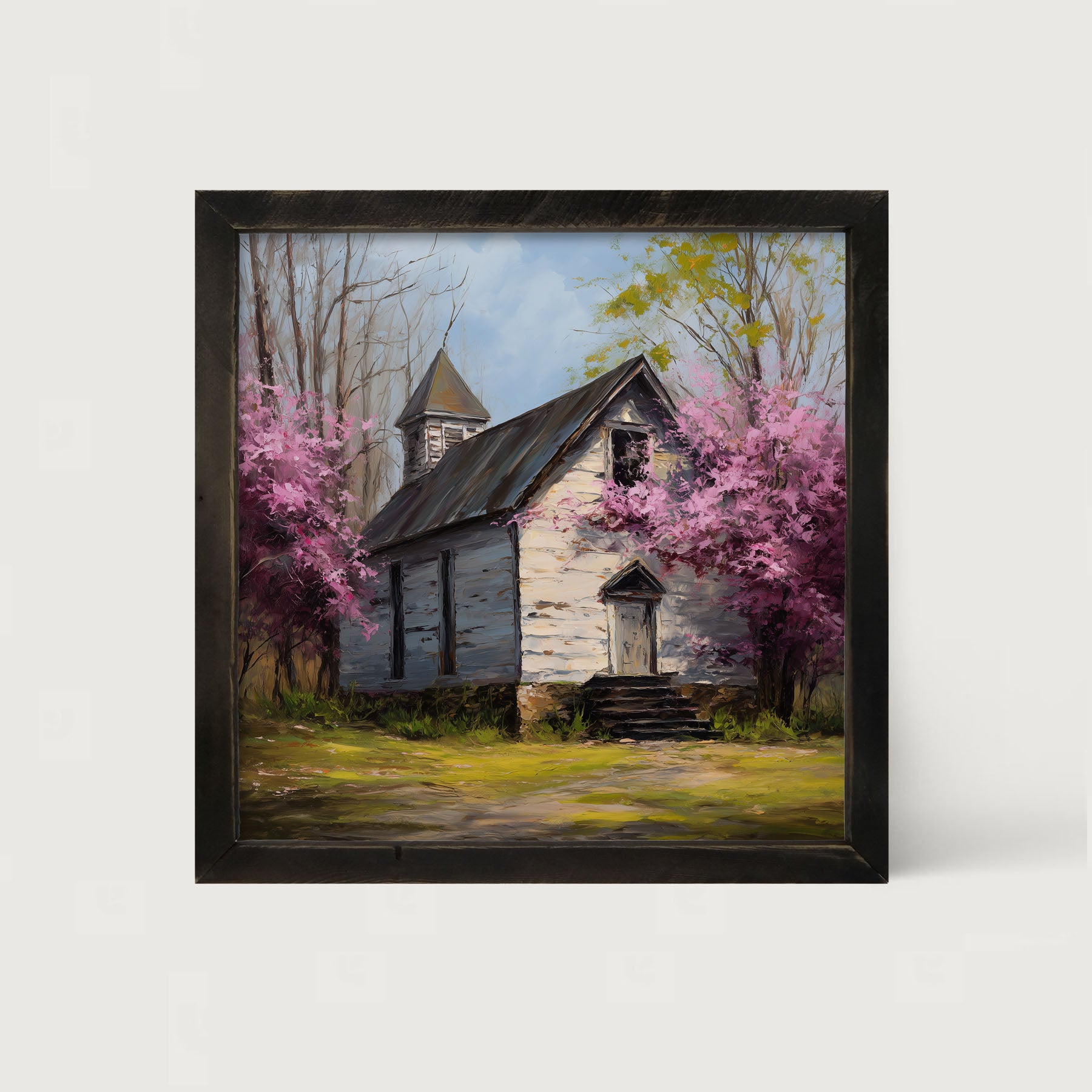Country Church with Purple Flowering Tree - Framed Art