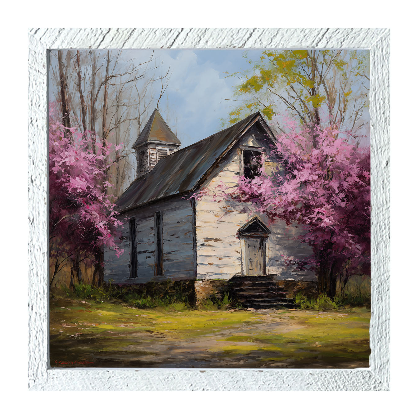 Country Church with Purple Flowering Tree - Framed Art