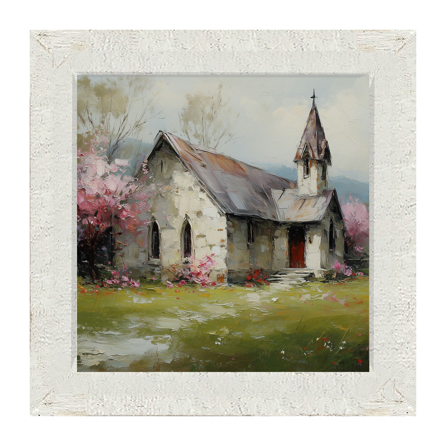 Country Church with Pink and Purple Flowering Trees - Framed Art