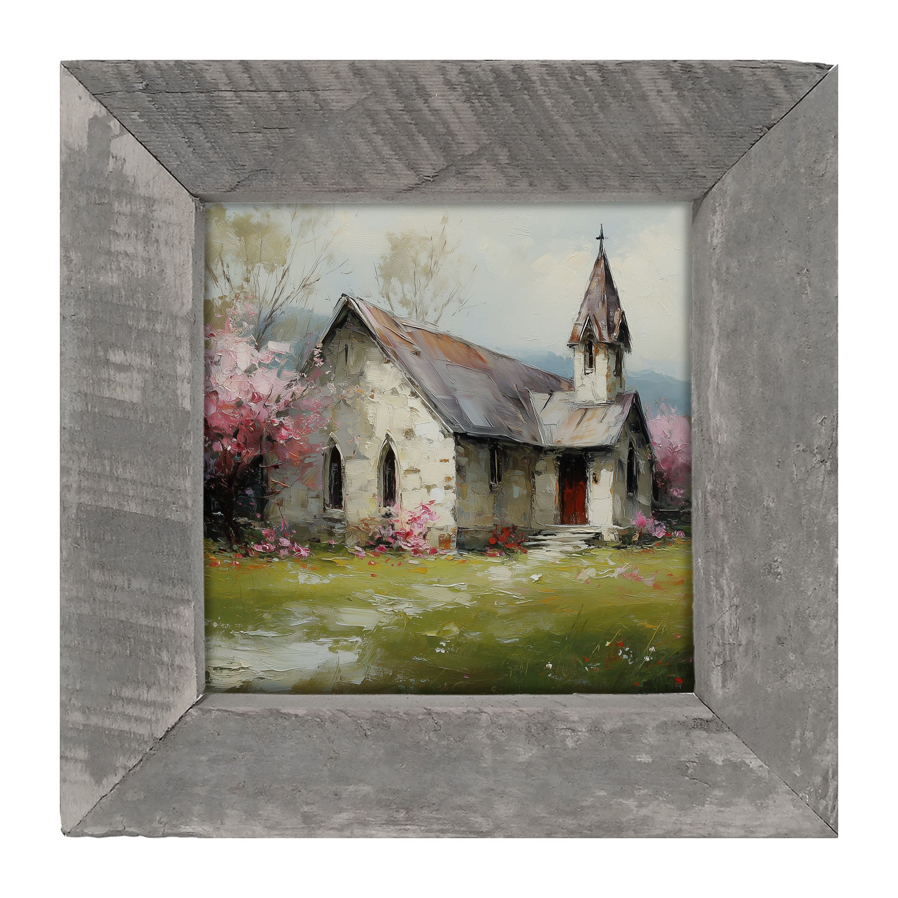 Country Church with Pink and Purple Flowering Trees - Framed Art