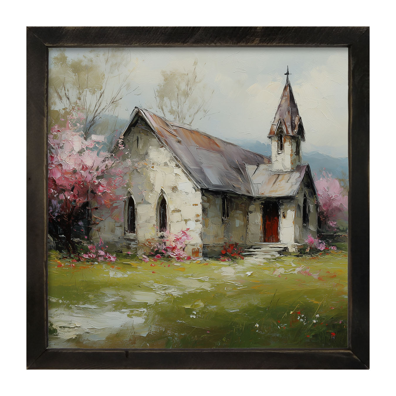 Country Church with Pink and Purple Flowering Trees - Framed Art