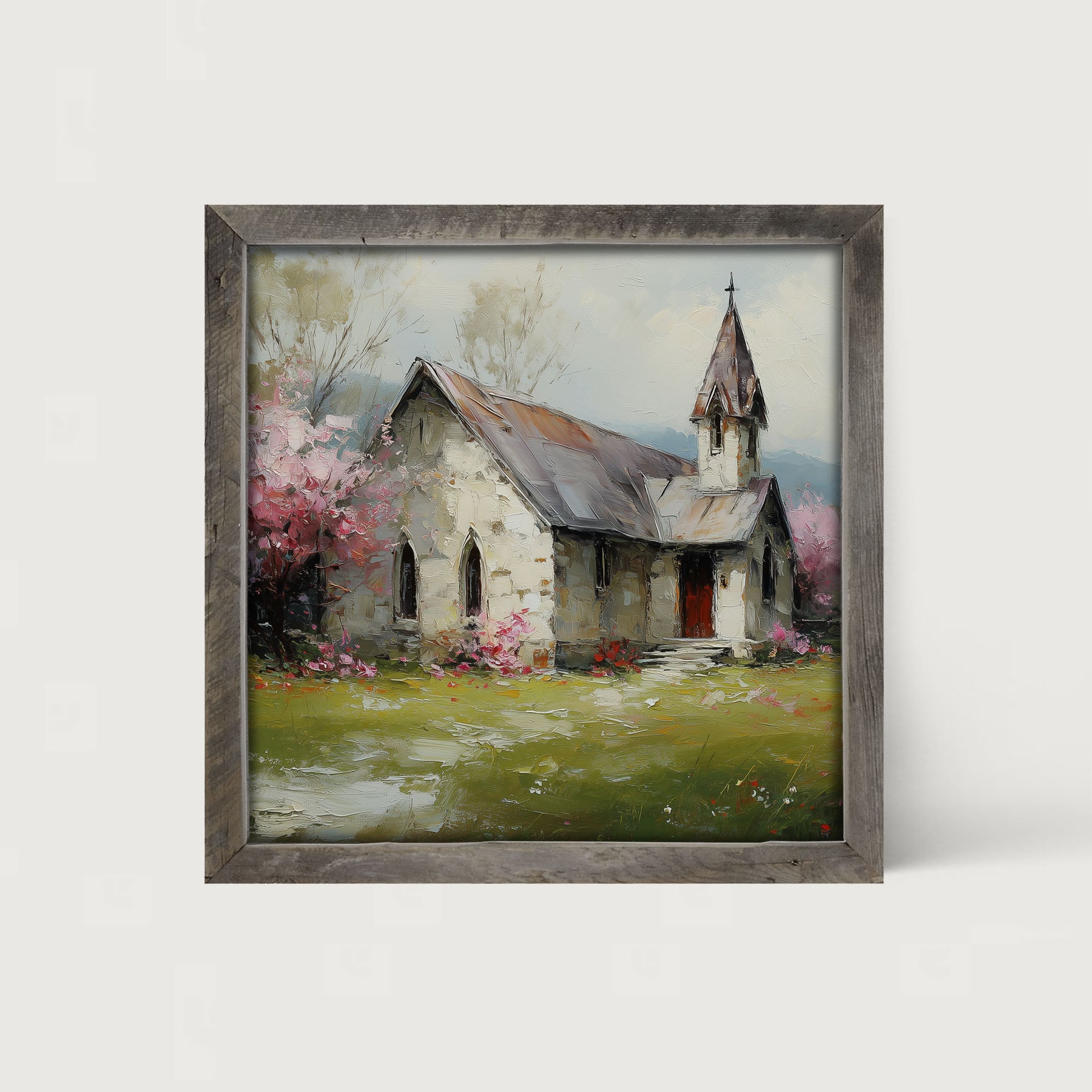 Country Church with Pink and Purple Flowering Trees