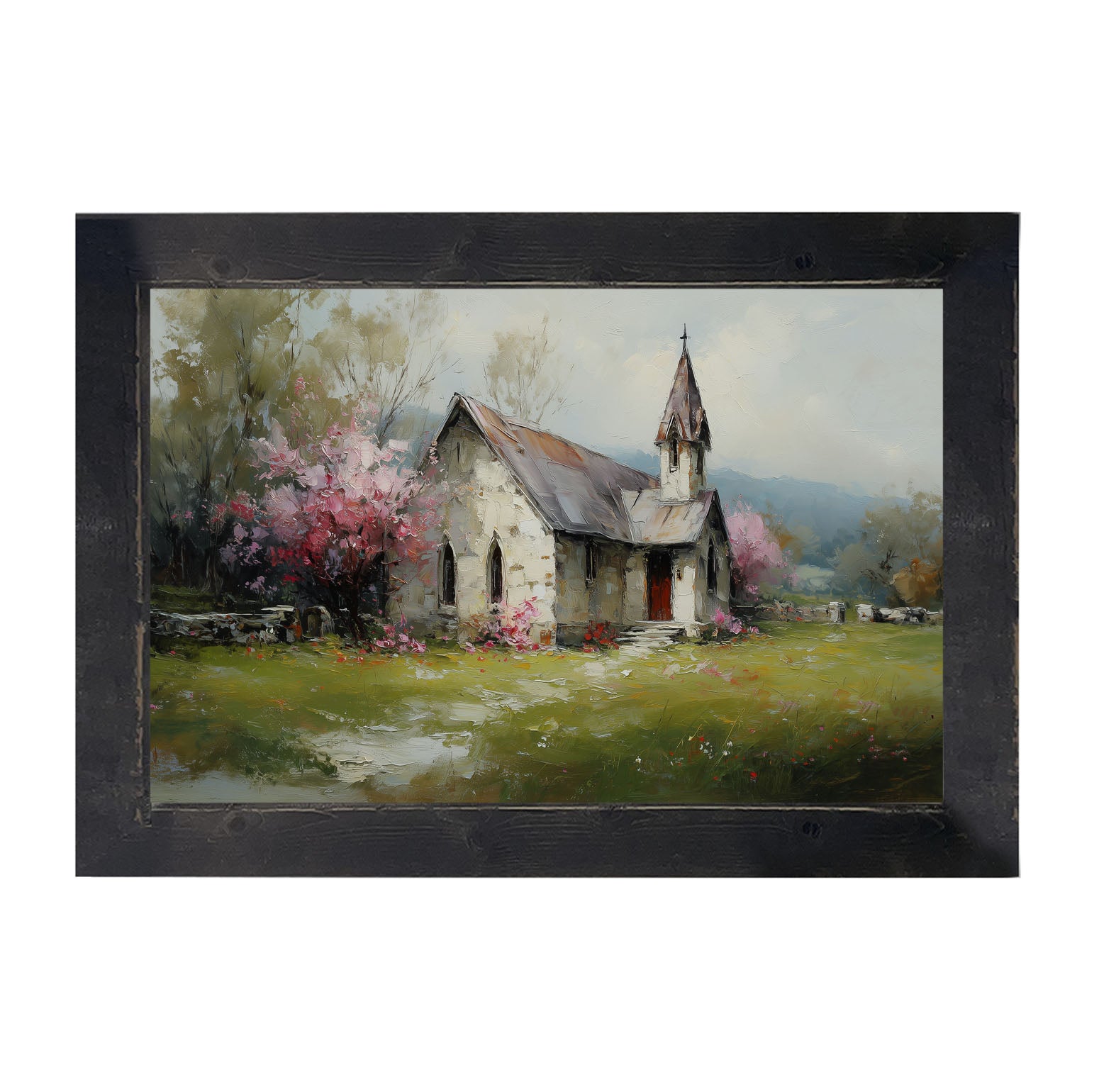 Country Church with Pink and Purple Flowering Trees - Framed Art
